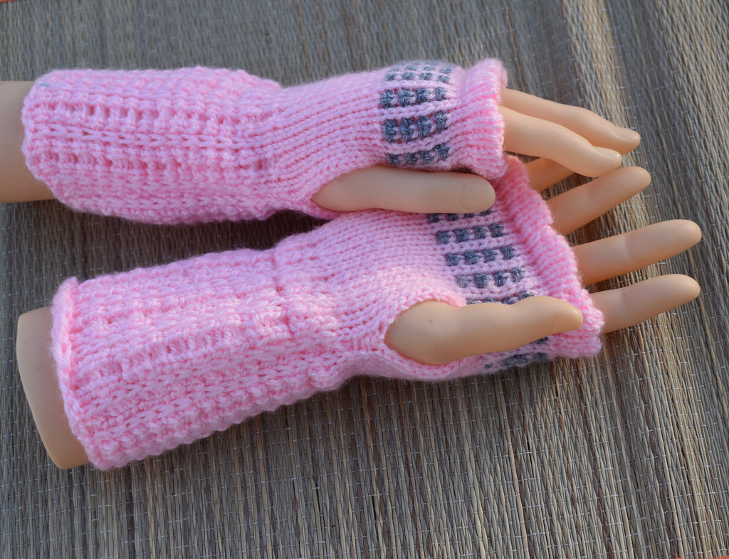 fingerless gloves, knit  pink gray acrylic arm warmers for women