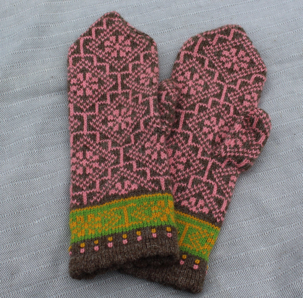 Pair of knitted mittens with a pink and brown pattern on a gray background
