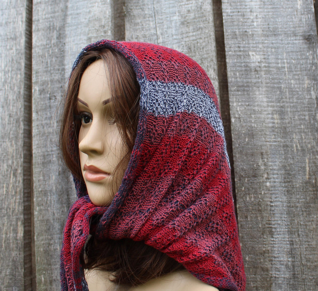 Cotton red blue head kerchief,  colorful triangle shawl, knit modern scarf