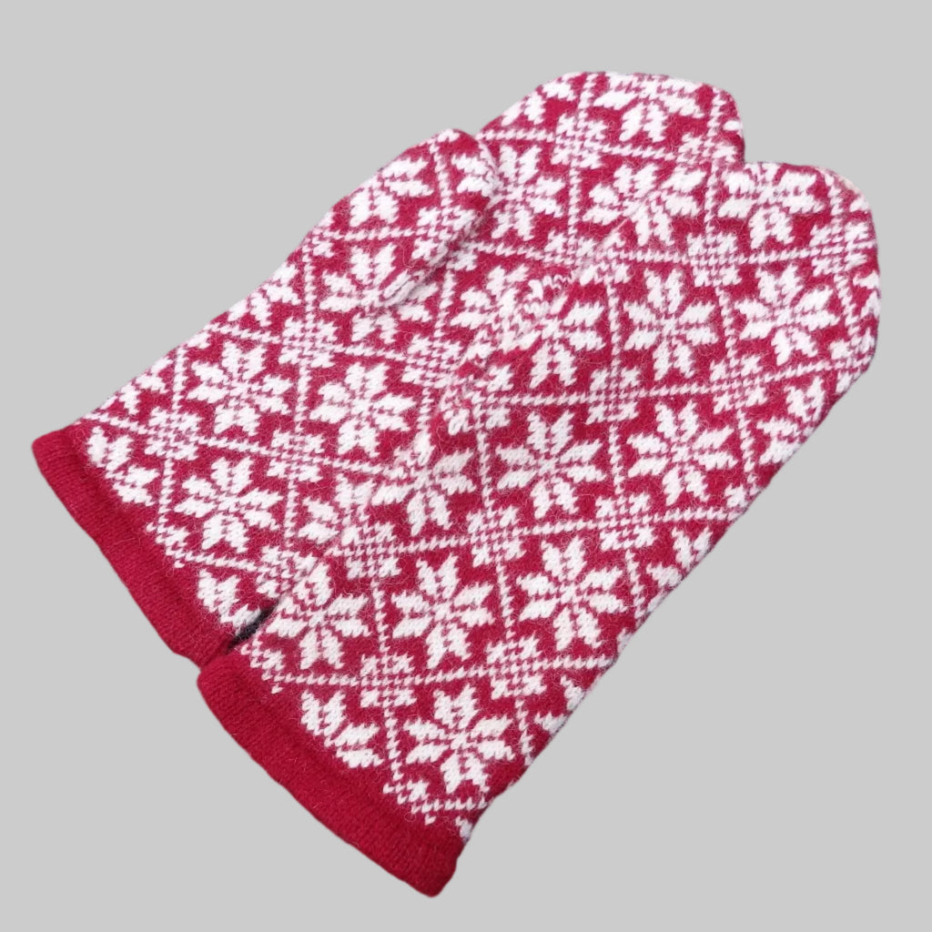 Red and white patterned mittens 
