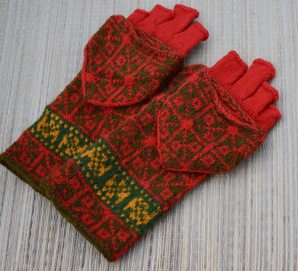 Knit Wool Convertible Gloves: Latvian Mittens with Hood - Size M