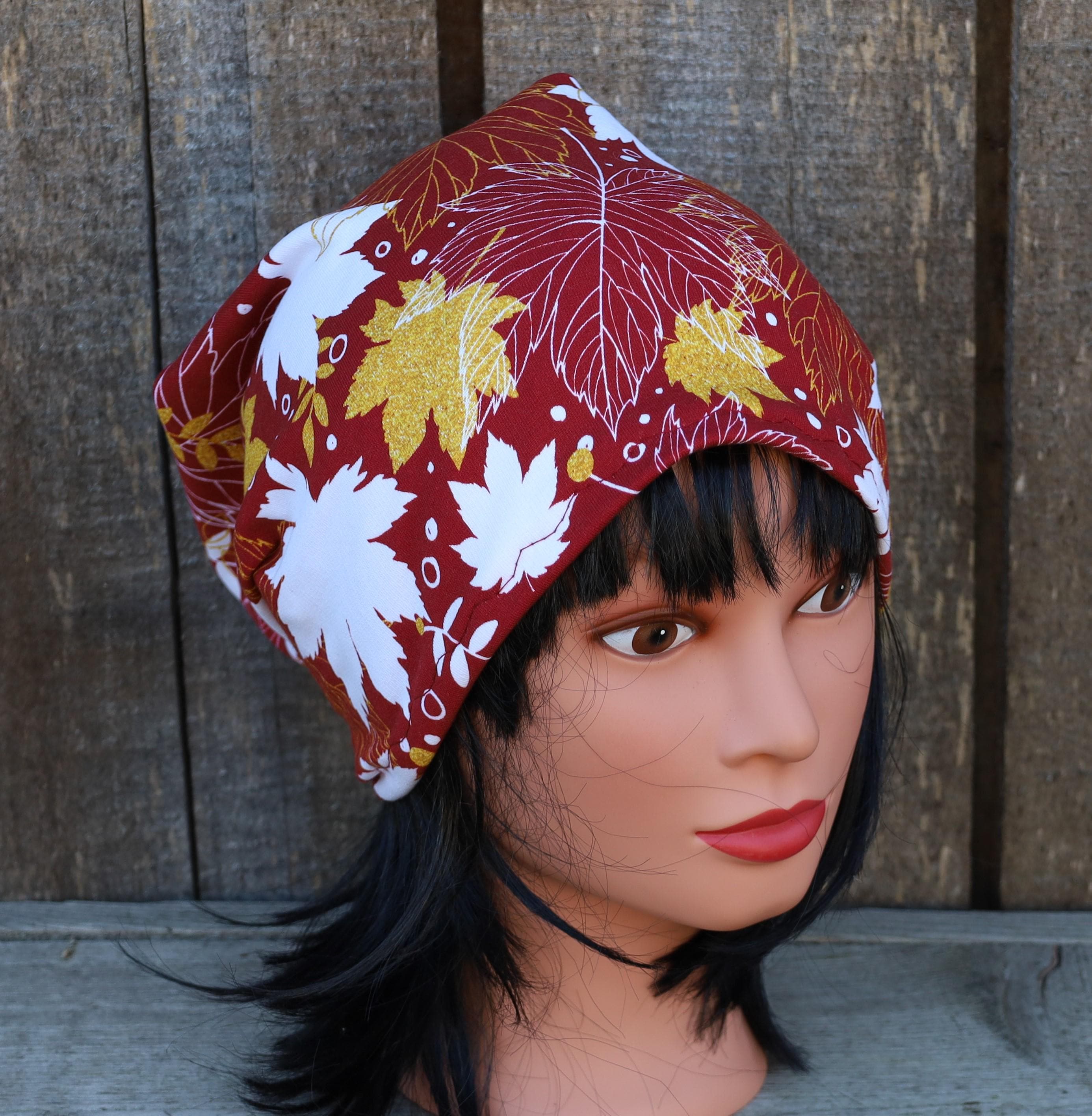 Knit cotton fabric  beanie, colorful lined  hat, sewn cap, brown hat
