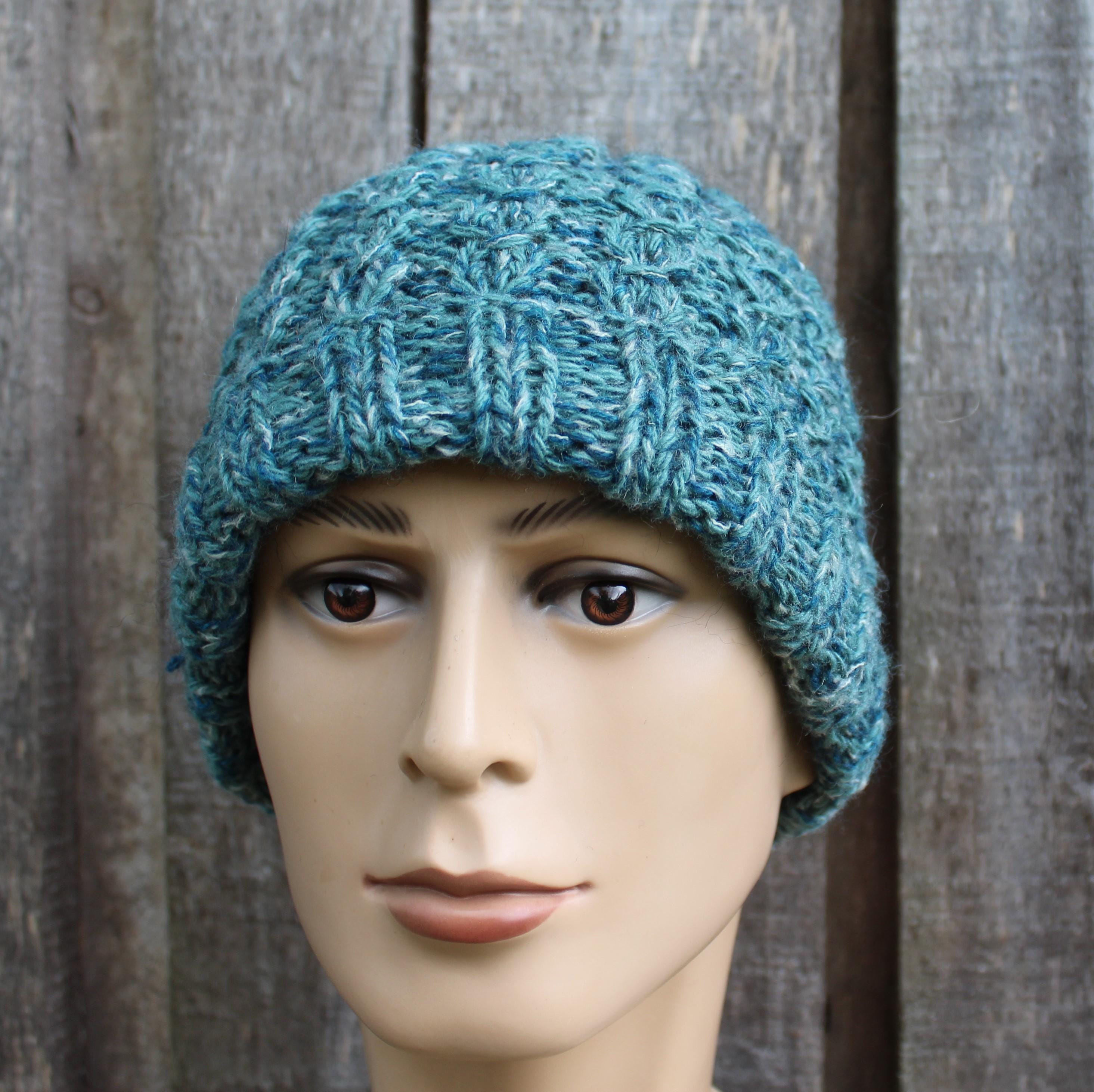 Hand knitted  Colorful Green Mohair Wool Winter Hat, warm unlined unisex beanie.