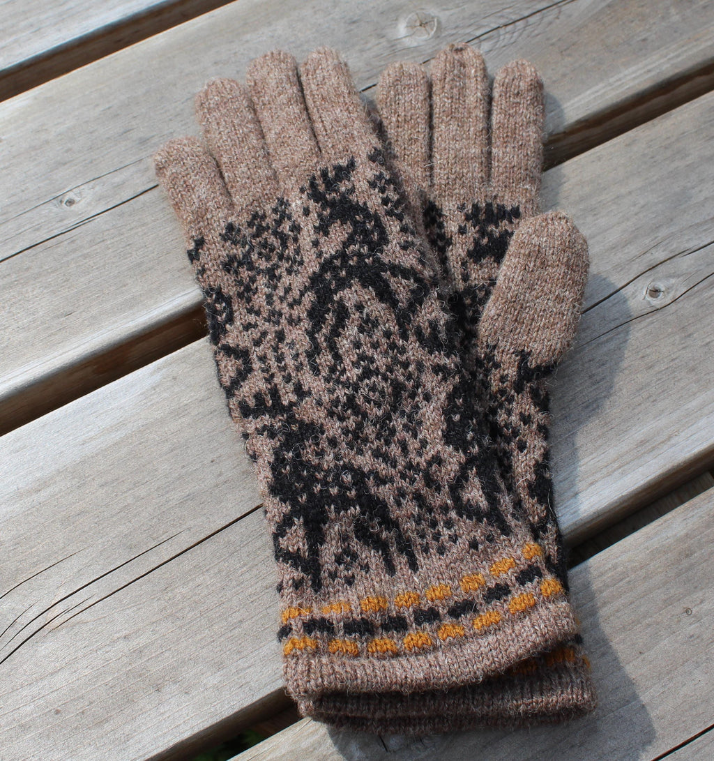 Knitted Wool Gloves: Reindeer Nordic Hand Warmers, Size M