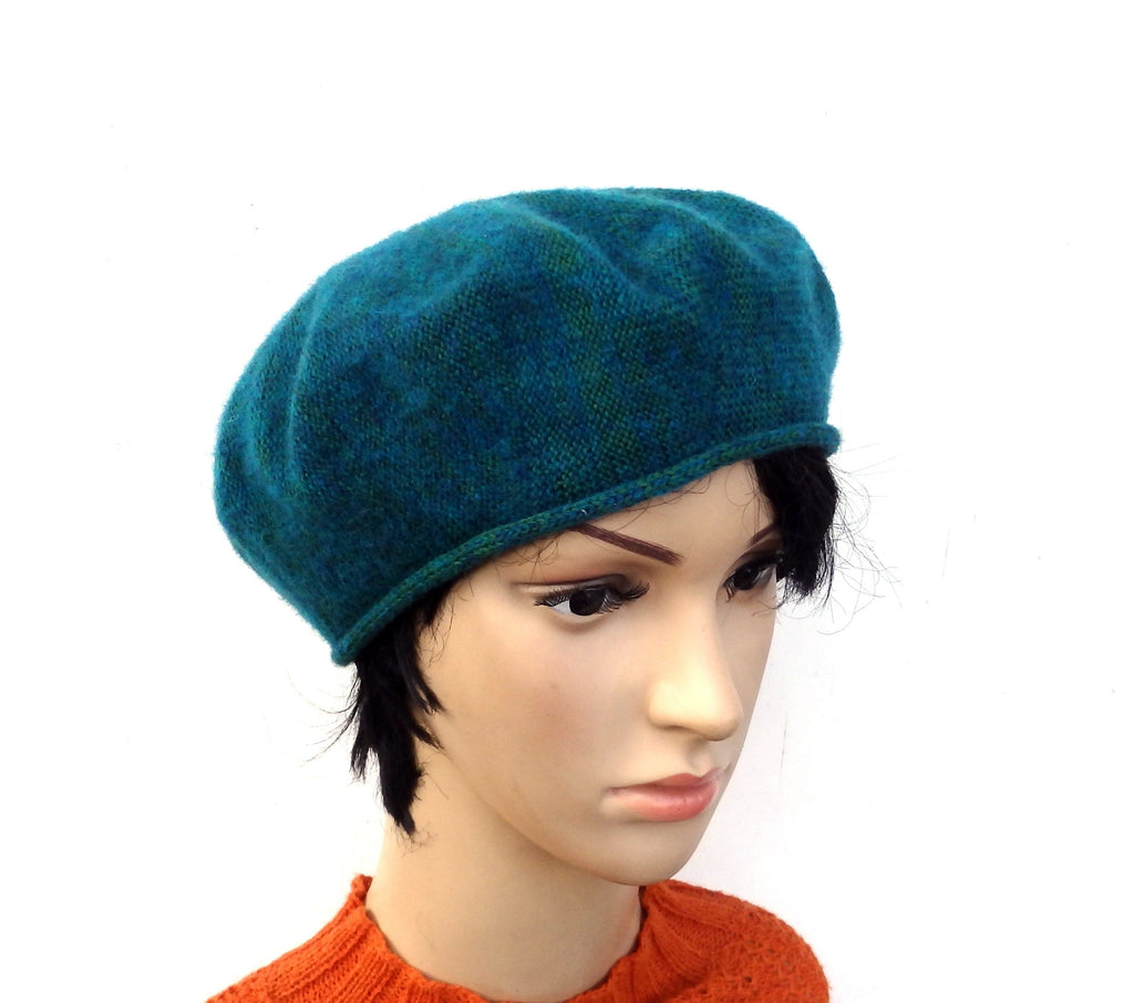 knitted wool mohair female green beret, women teal beret hat