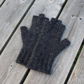 Pair of dark gray gloves on a wooden surface