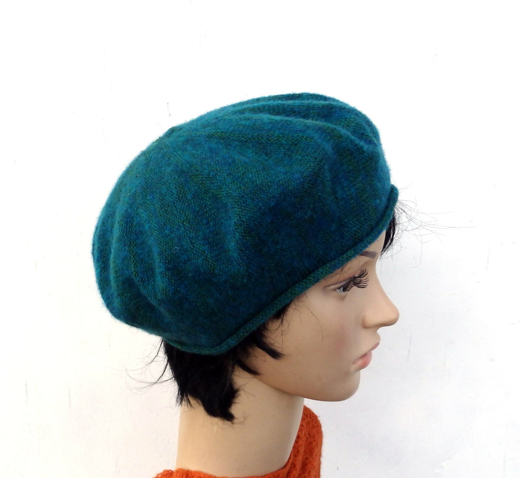 knitted wool mohair female green beret, women teal beret hat