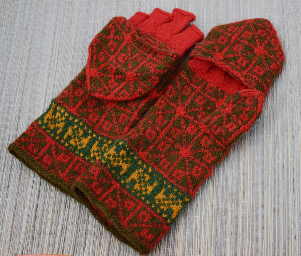 Knit Wool Convertible Gloves: Latvian Mittens with Hood - Size M