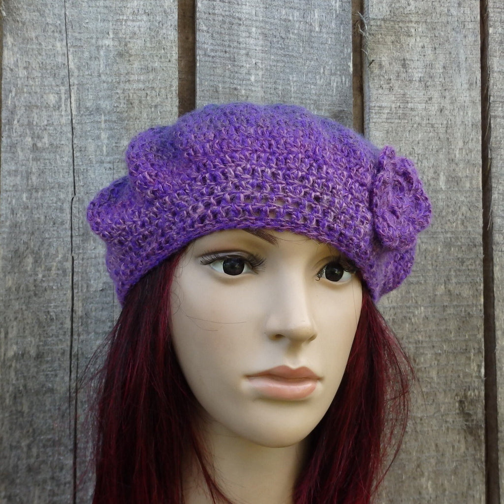 Hand crocheted Colorful Purple plain Beret with crochet flower