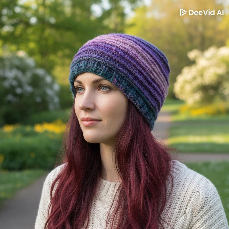 Woman wearing a colorful knit beanie in a park setting