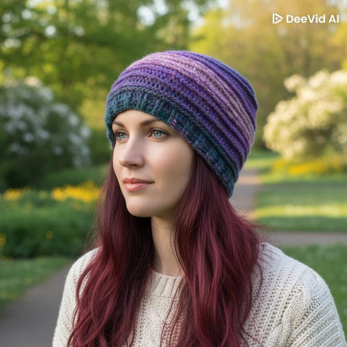 Woman wearing a colorful knit beanie in a park setting