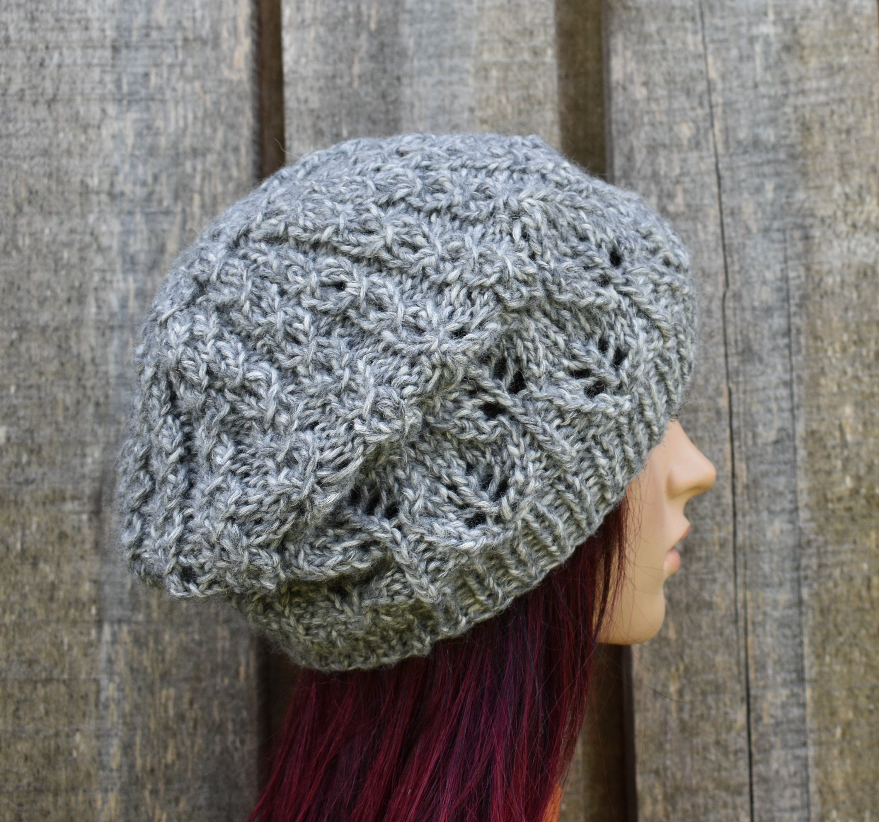 Hand knitted melanga gray cotton beret hat, unlined autumn cap, knit open work beanie,