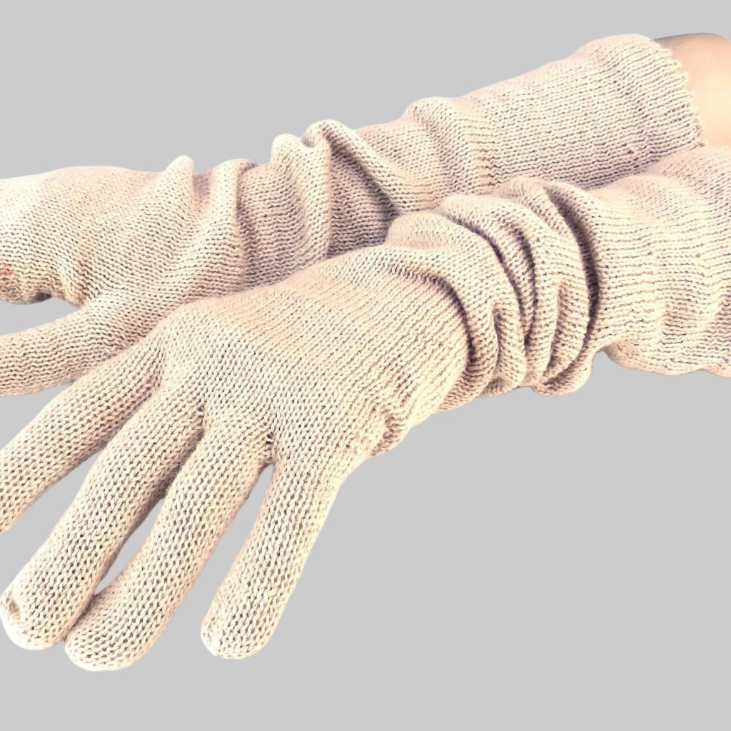 Pair of beige gloves on a white background