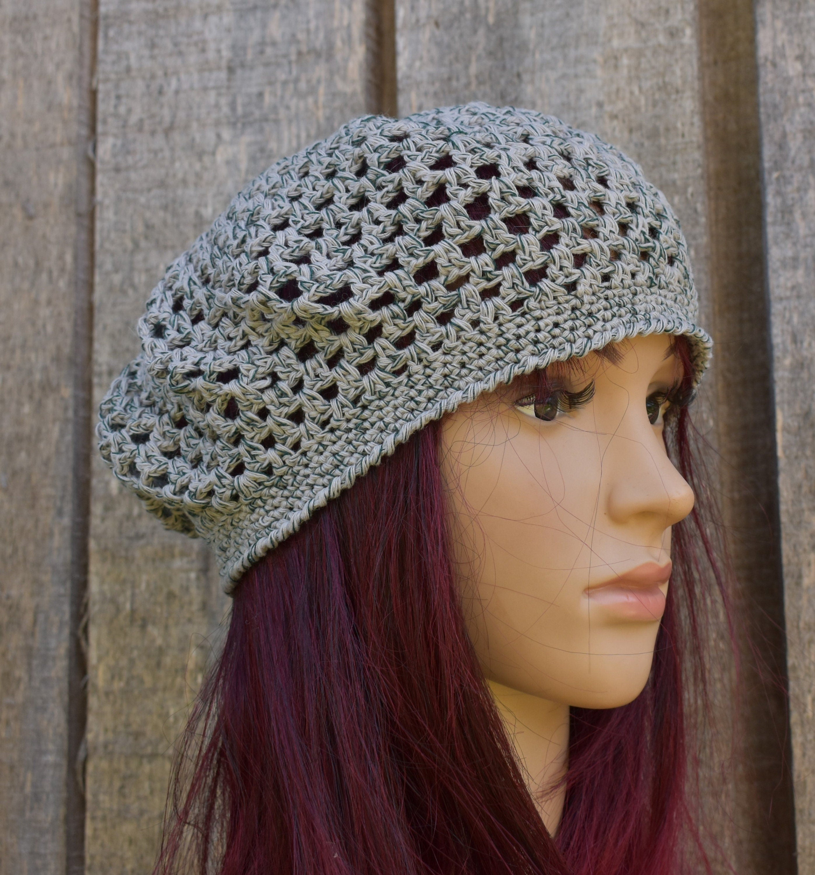 Crocheted gray green cotton summer beret, handmade lace French beret for women