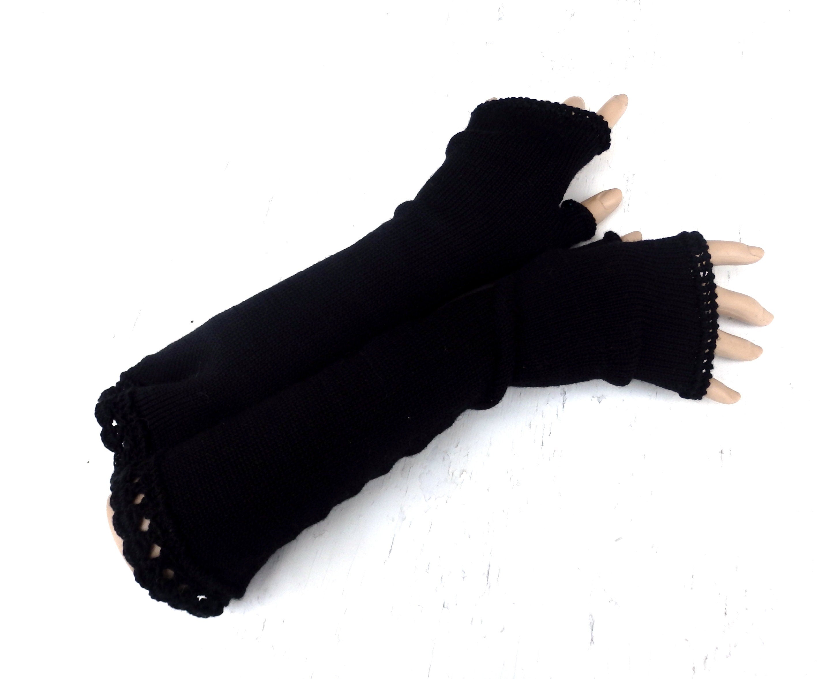 knit black long wool fingerless gloves