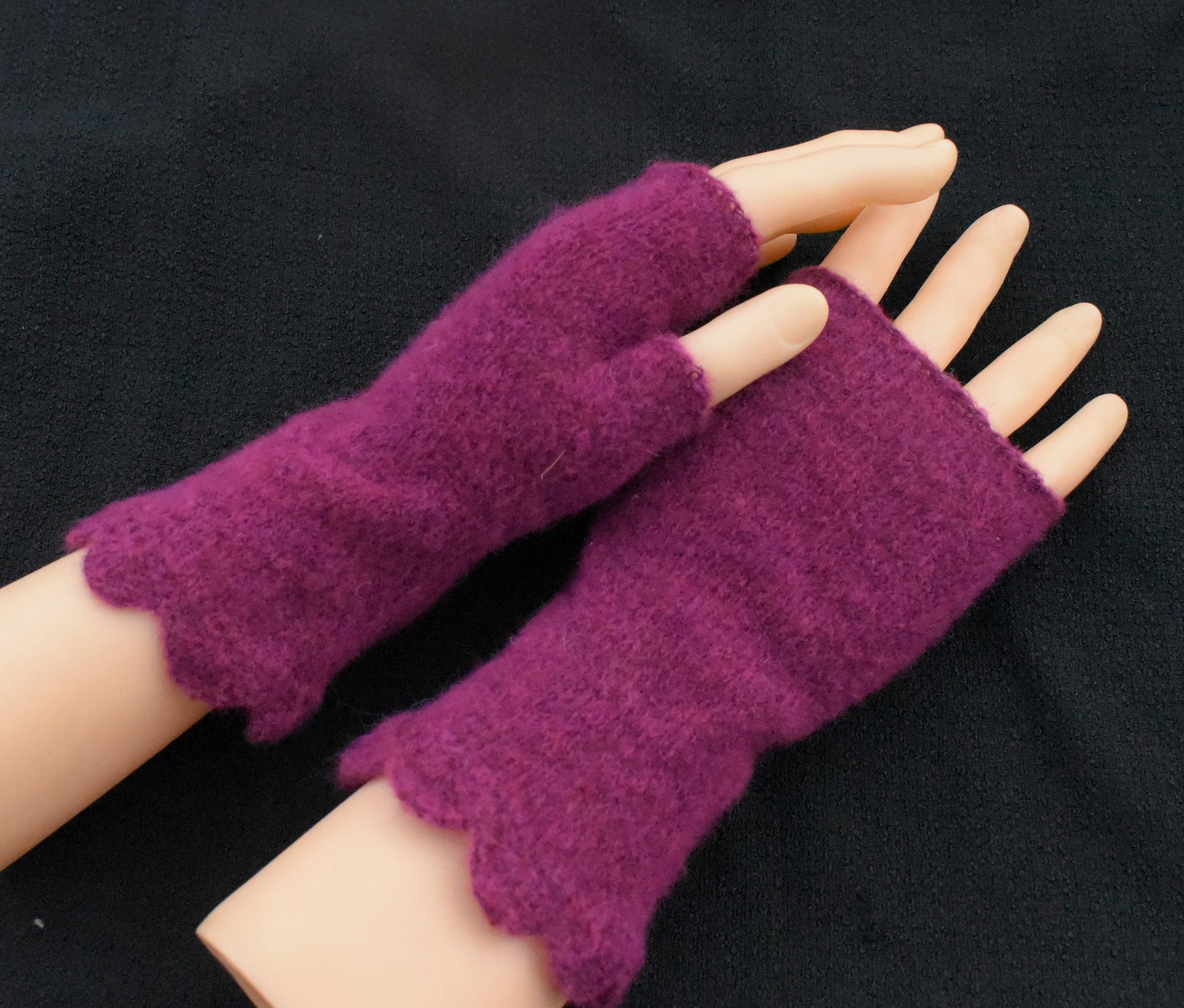 Knitted mohair dark red fingerless gloves