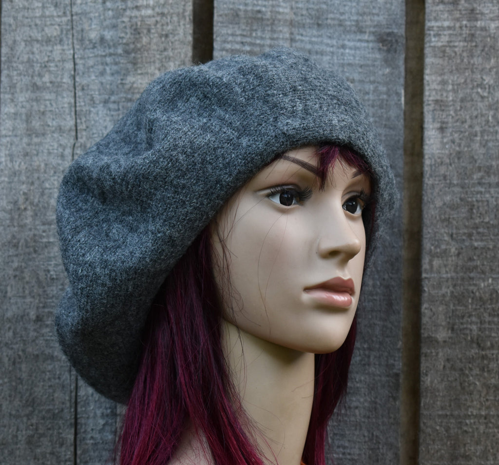 Knitted Wool Beret: Charcoal Gray Slouchy Hat
