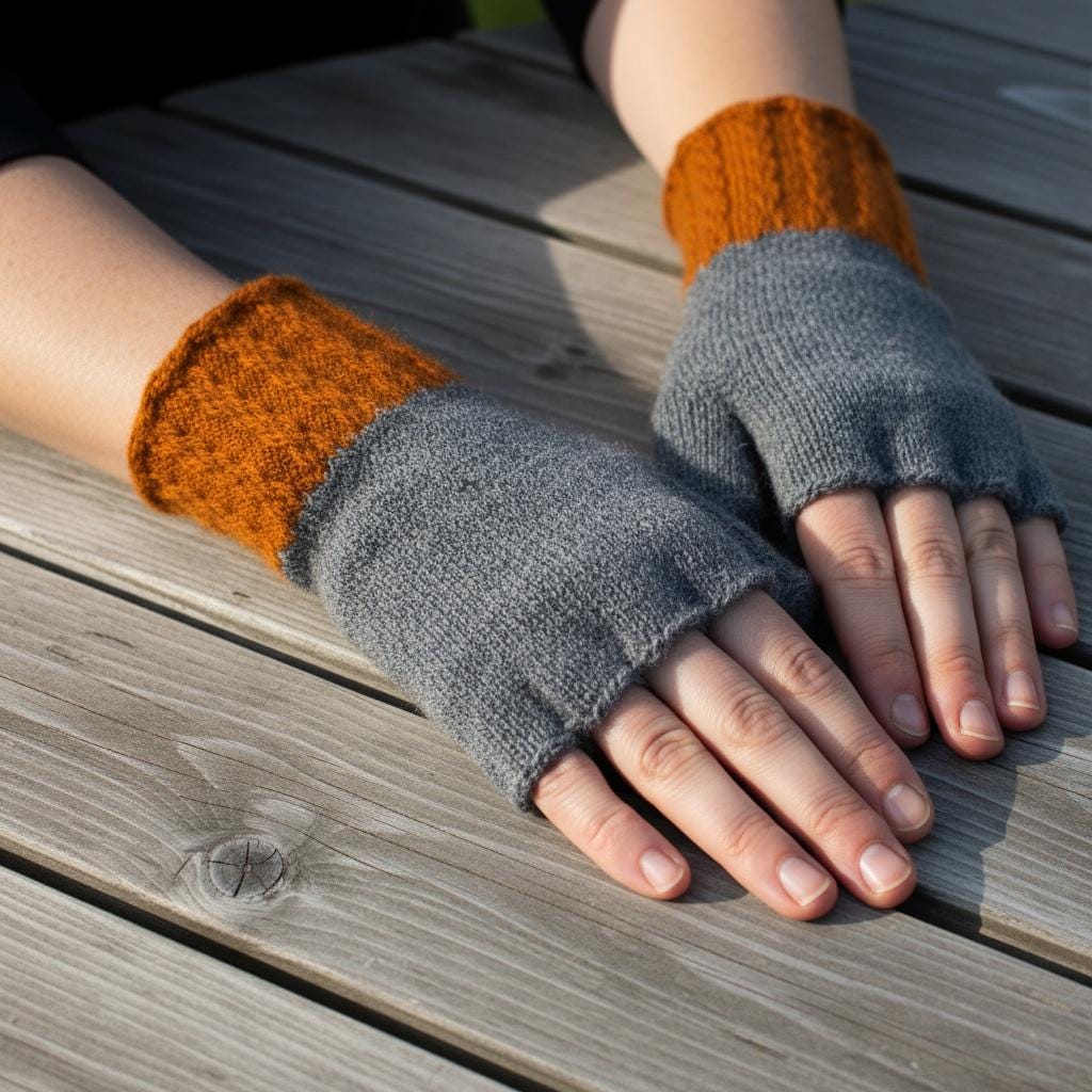 Gray and orange fingerless gloves on a wooden surface