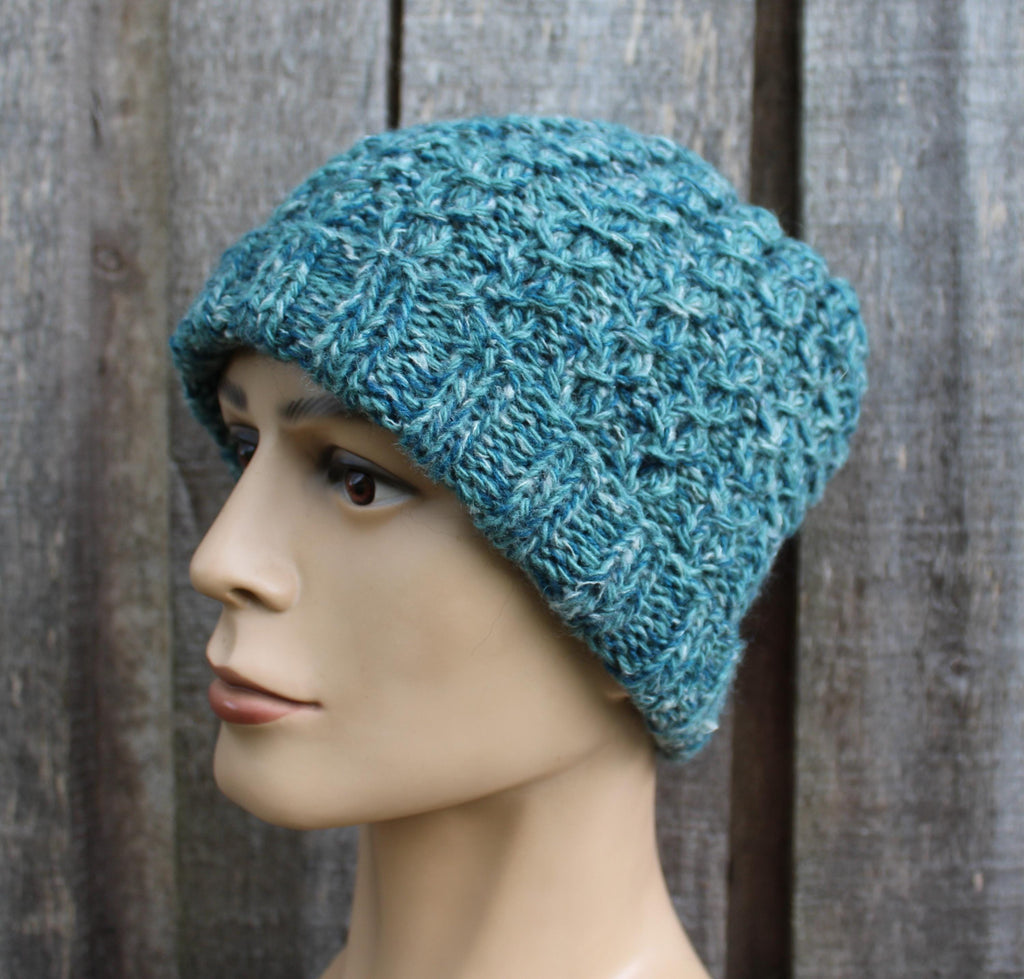 Hand knitted  Colorful Green Mohair Wool Winter Hat, warm unlined unisex beanie.