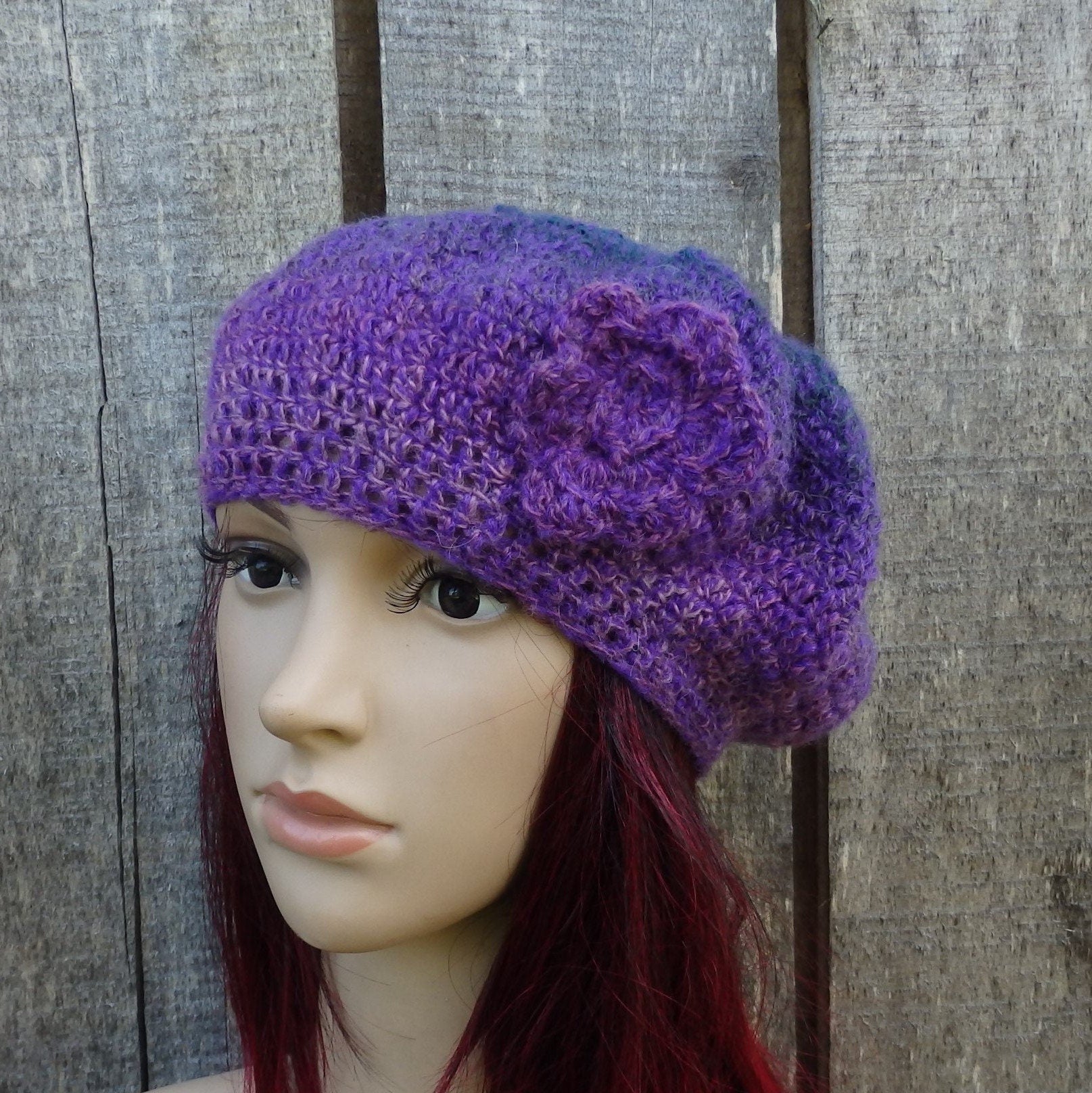 Hand crocheted Colorful Purple plain Beret with crochet flower