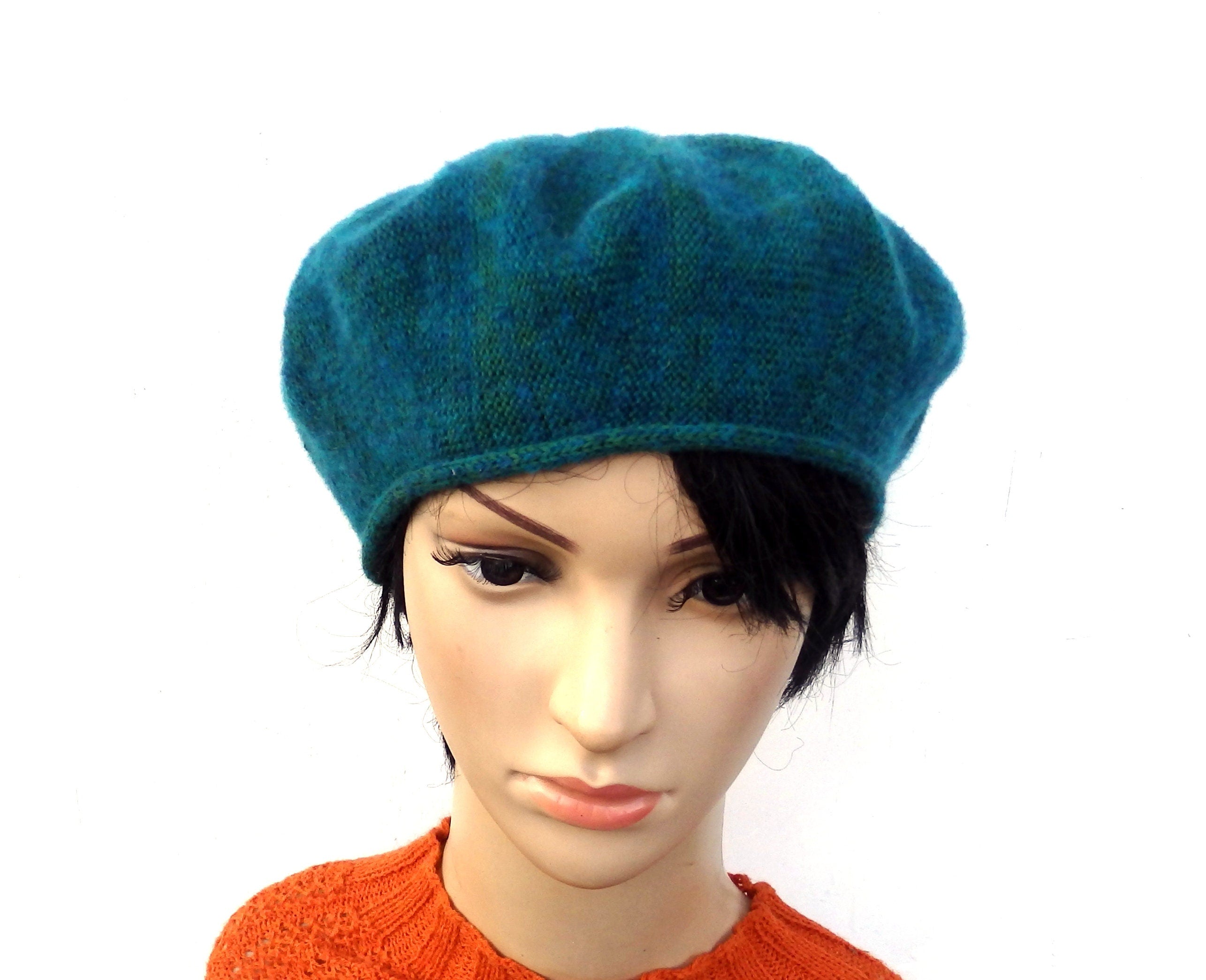knitted wool mohair female green beret, women teal beret hat