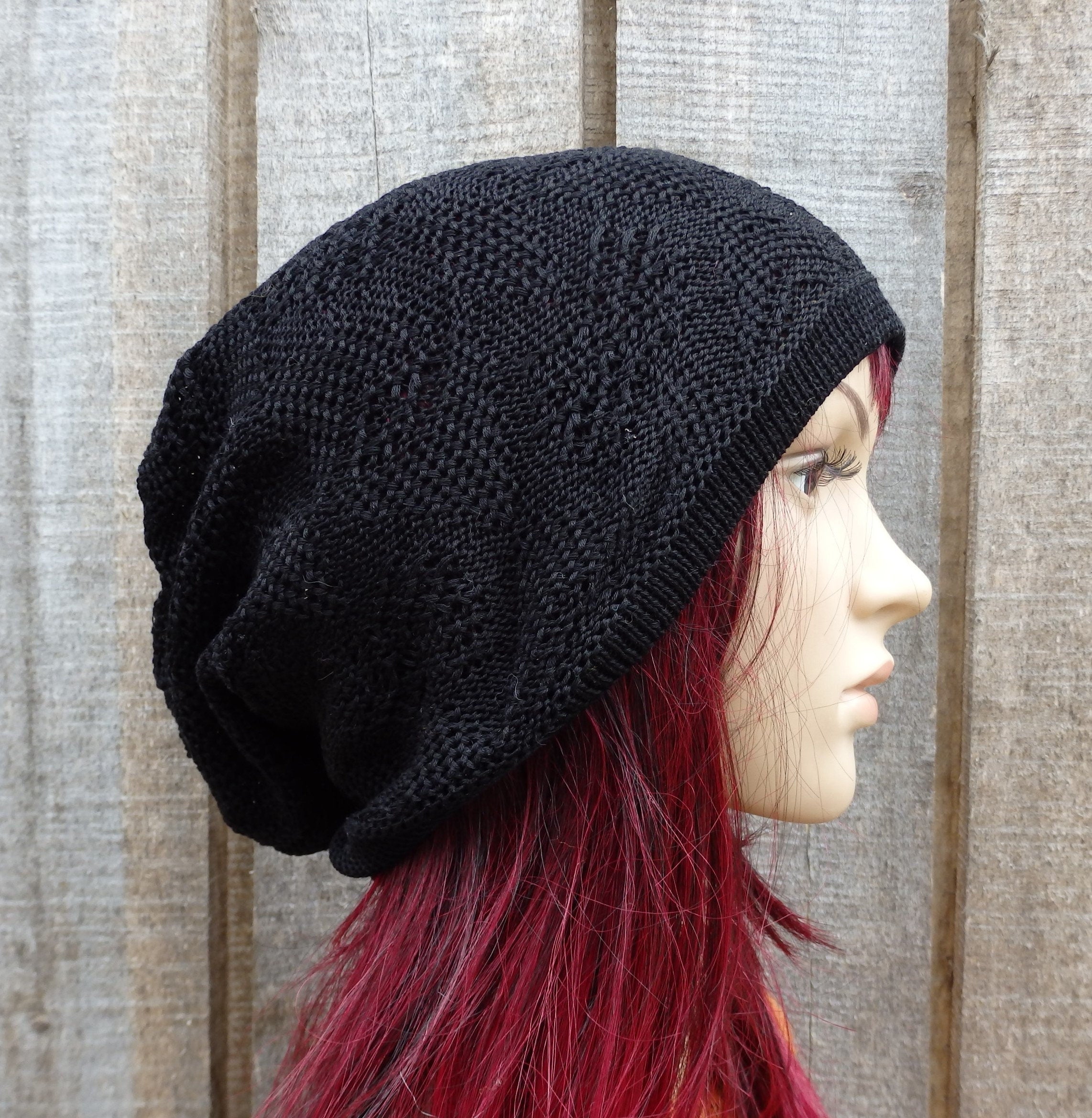 knit black cotton hat, knitted thin lace summer hat