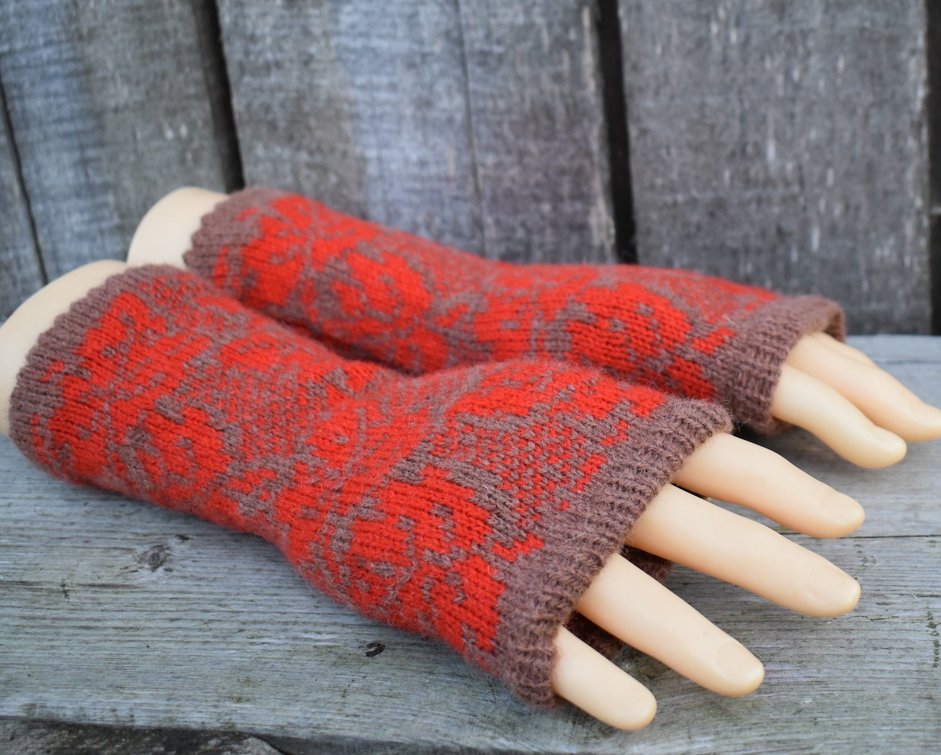 knitted women Latvian arm warmers, handmade wool fingerless gloves, size M/L half mittens