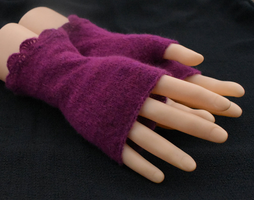 Knitted mohair dark red fingerless gloves
