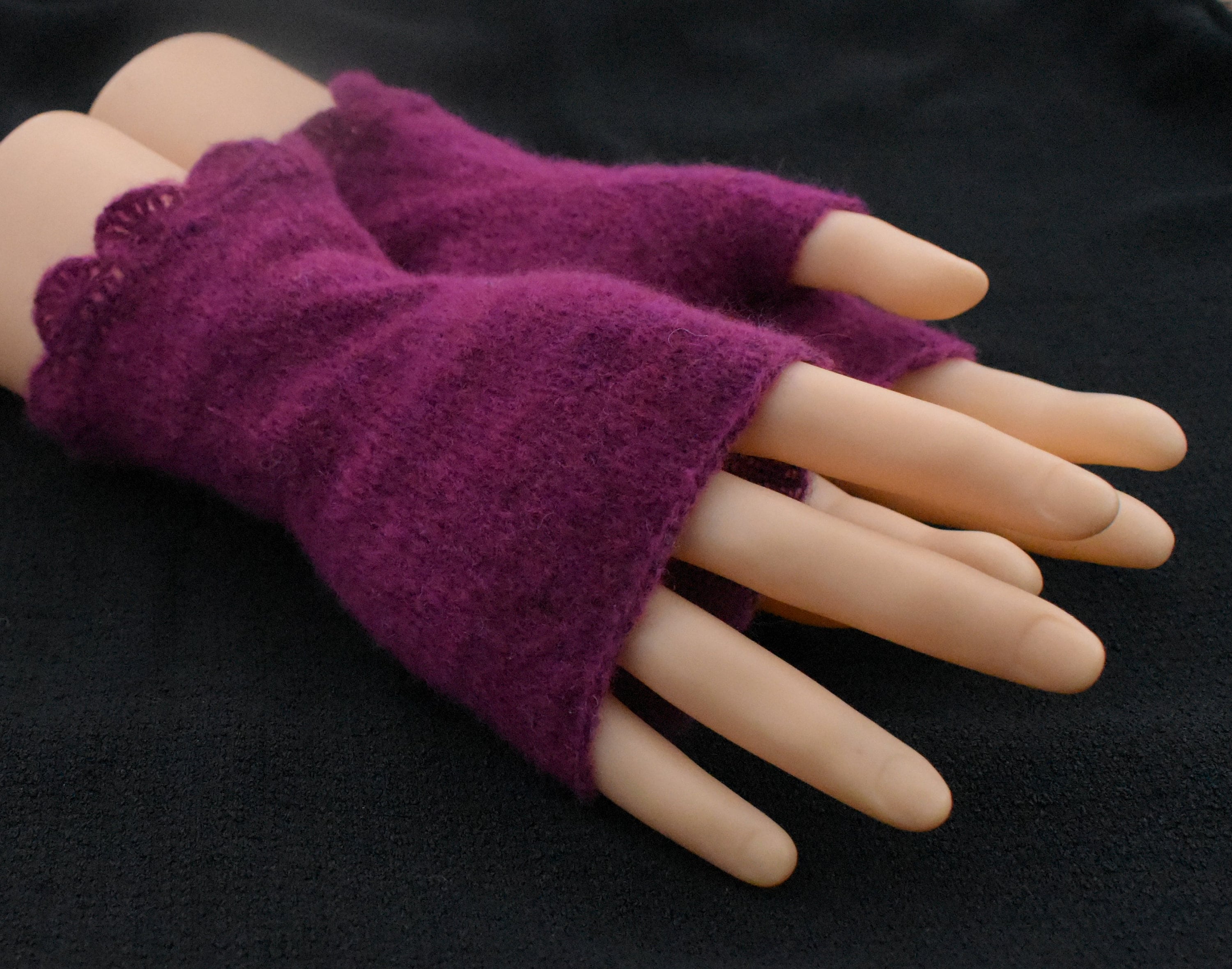 Knitted mohair dark red fingerless gloves
