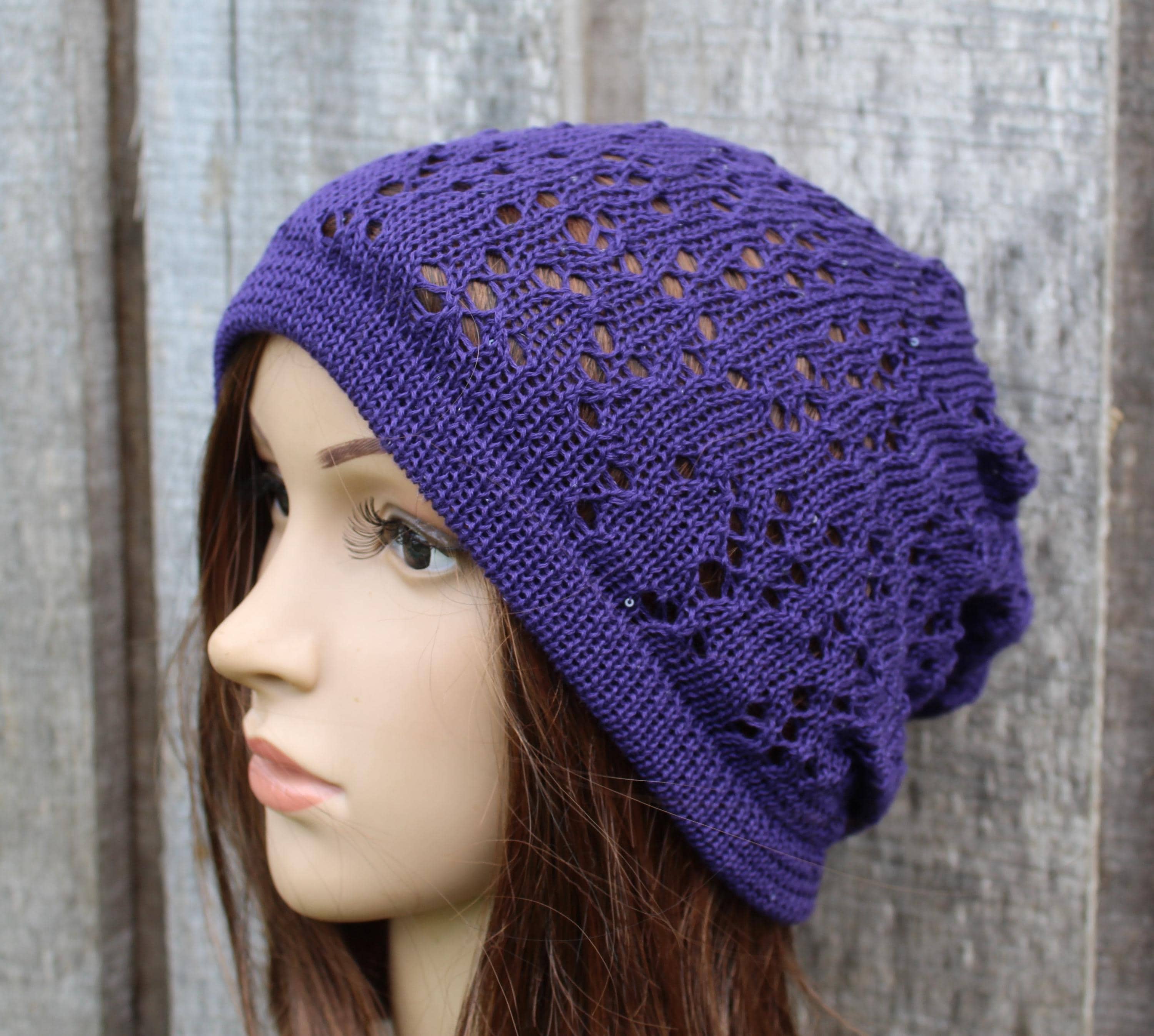Stylish Purple Cotton Lace Knit Summer Beanie with Sequin