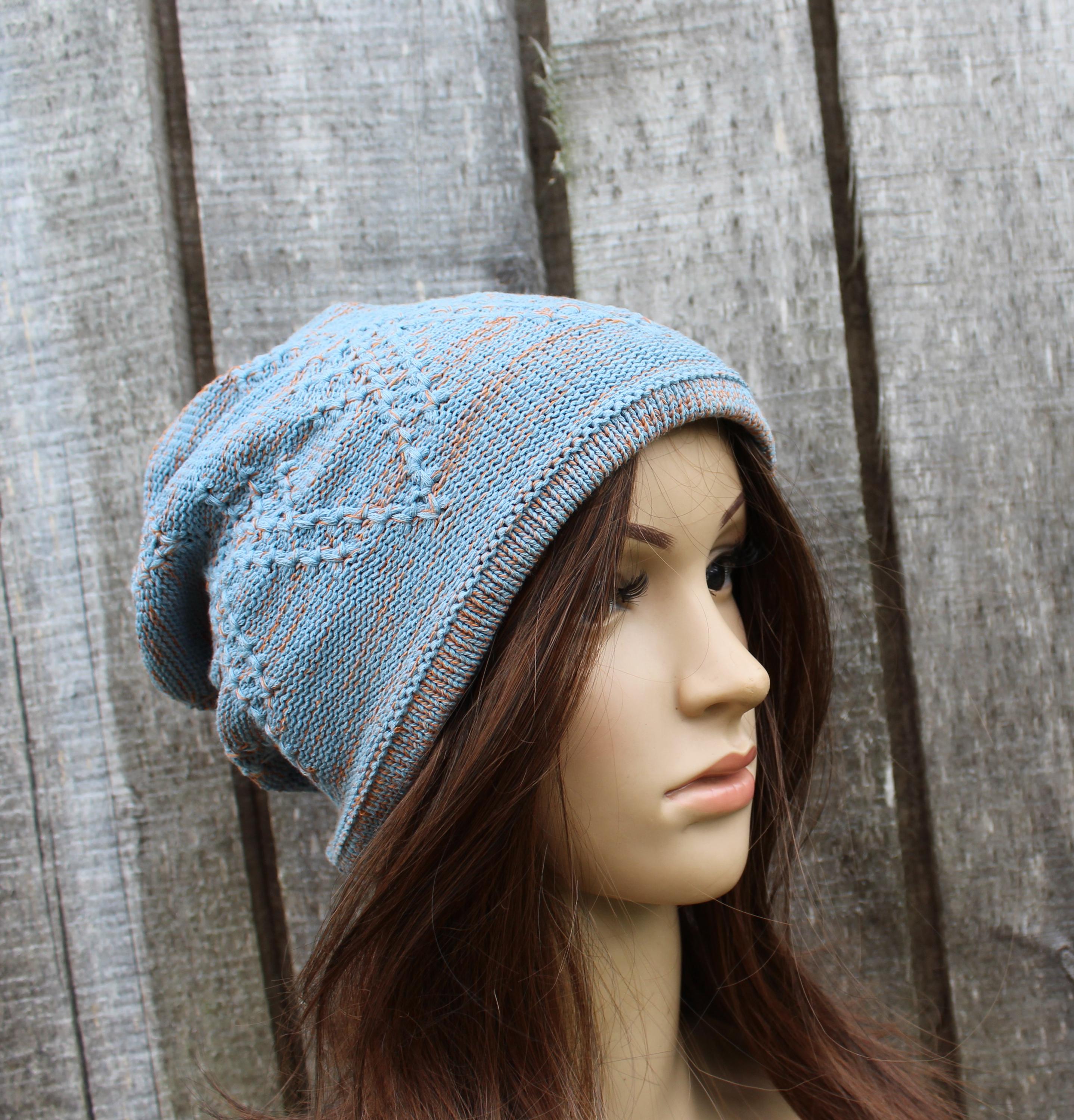 knit colorful light blue  orange cotton hat, knitted mid season hat, Handmade breathable beanie
