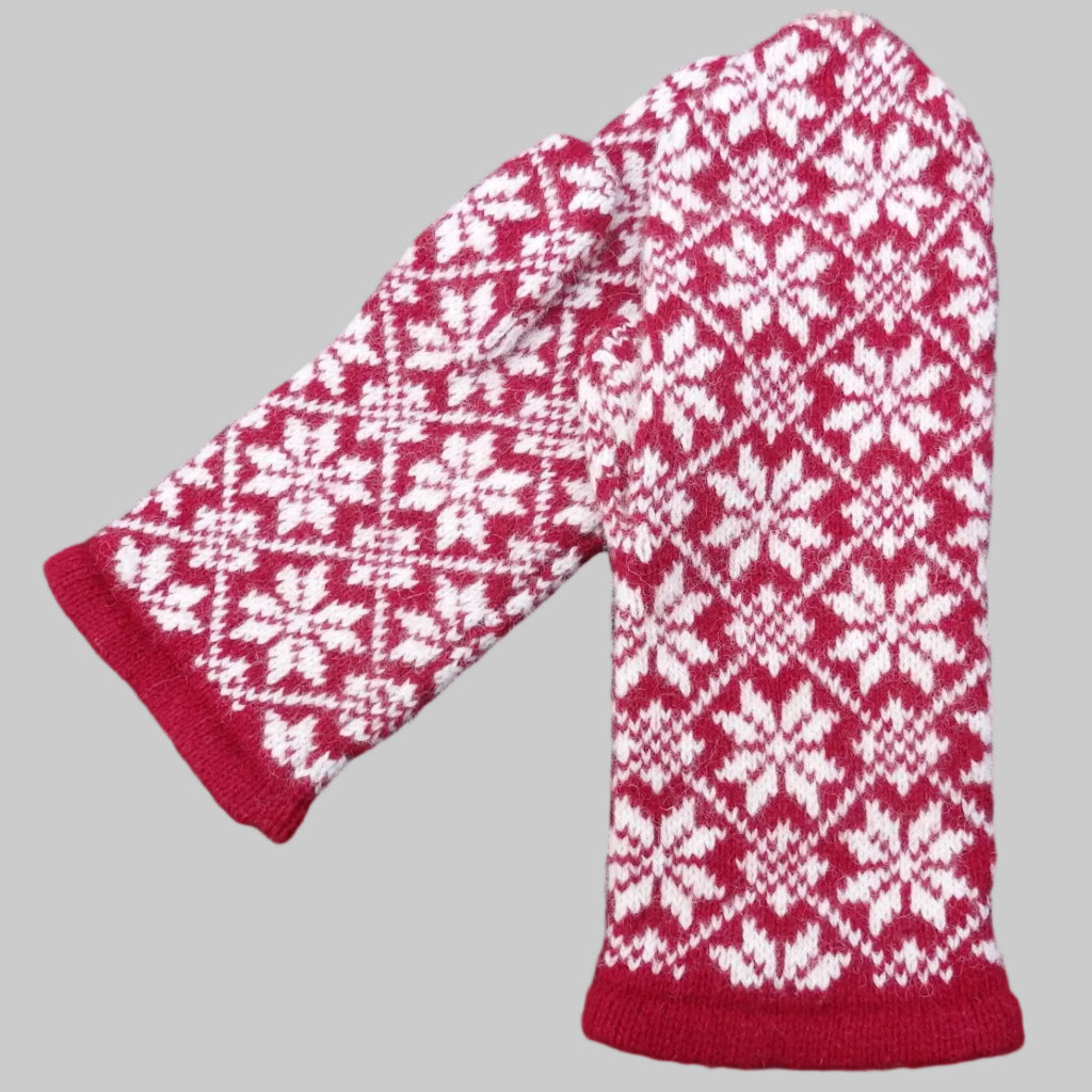Red and white patterned mittens 