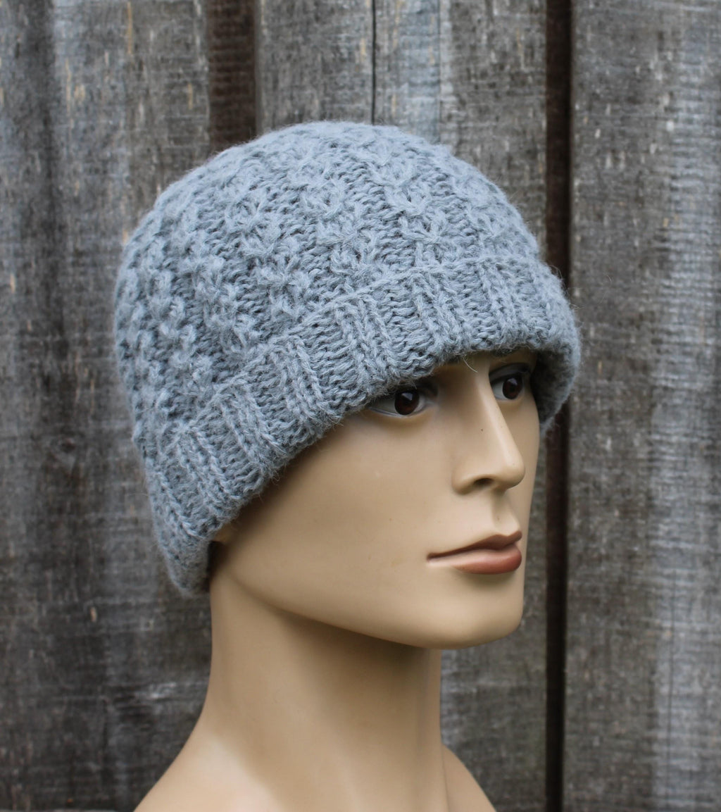 Handknit warm gray alpaca winter hat