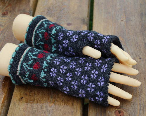 arm warmers, knitted Latvian fingerless gloves, handmade wool dark gray half mittens