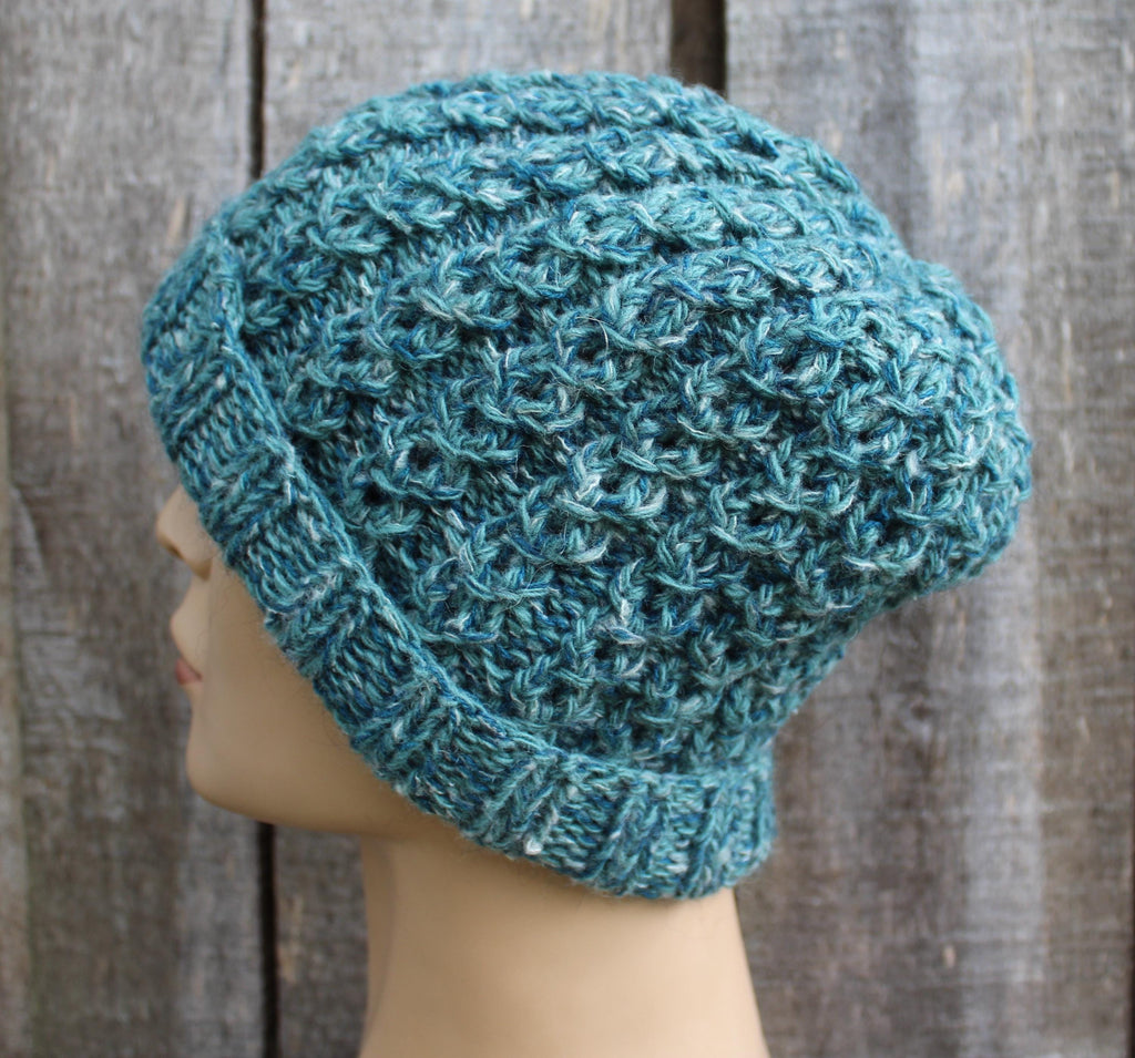 Hand knitted  Colorful Green Mohair Wool Winter Hat, warm unlined unisex beanie.