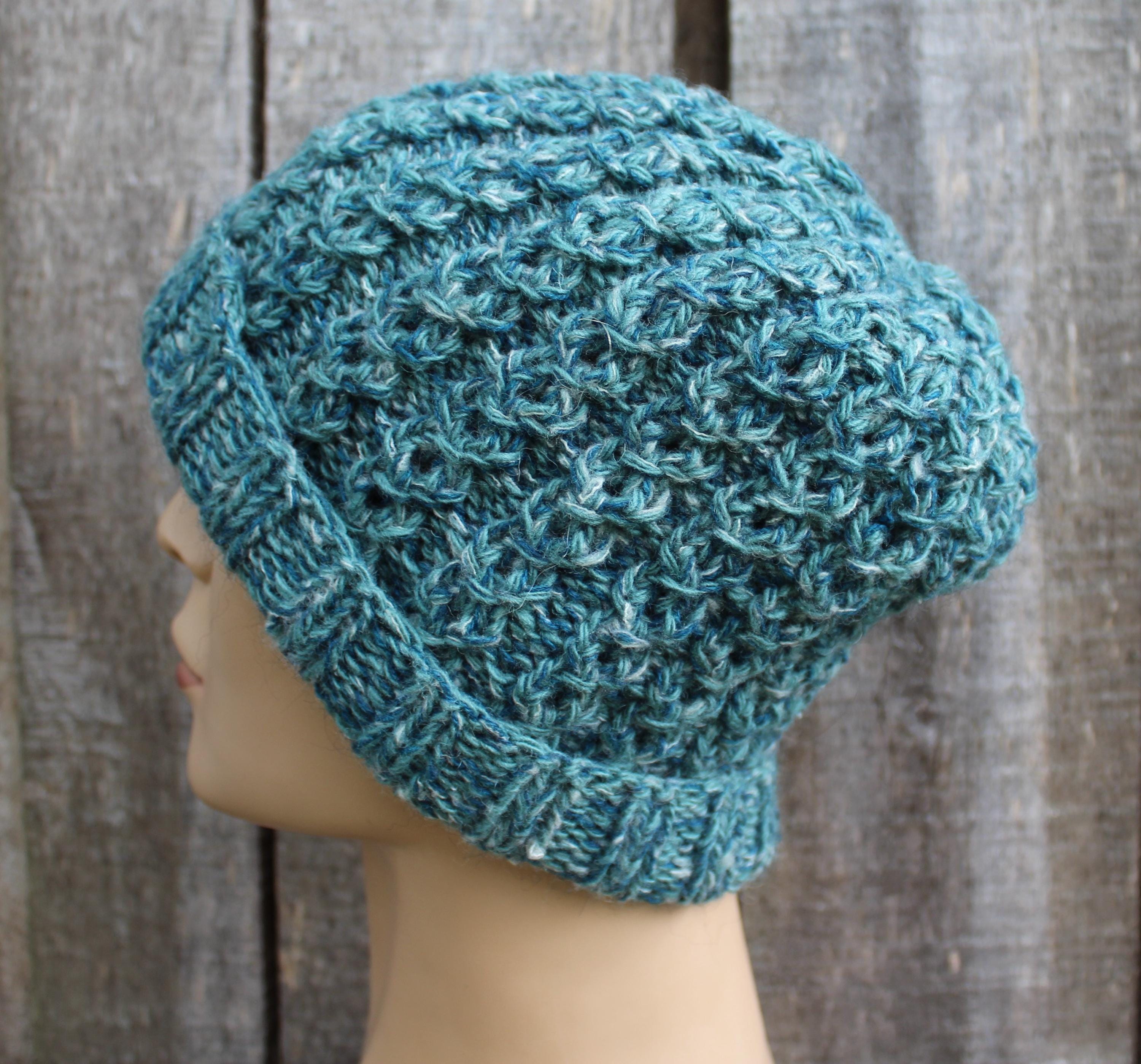 Hand knitted  Colorful Green Mohair Wool Winter Hat, warm unlined unisex beanie.