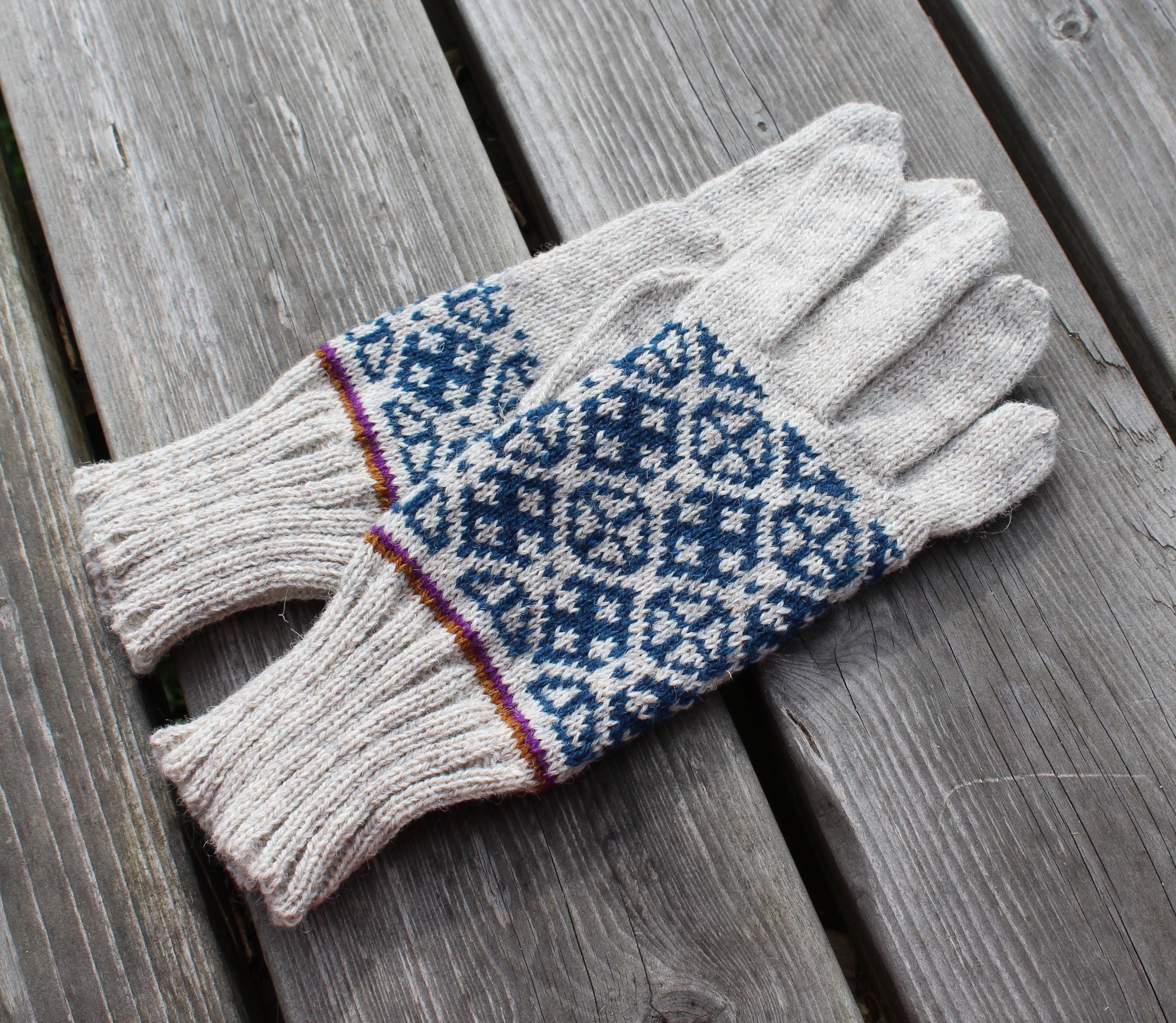 Pair of gray gloves with blue pattern on a wooden surface