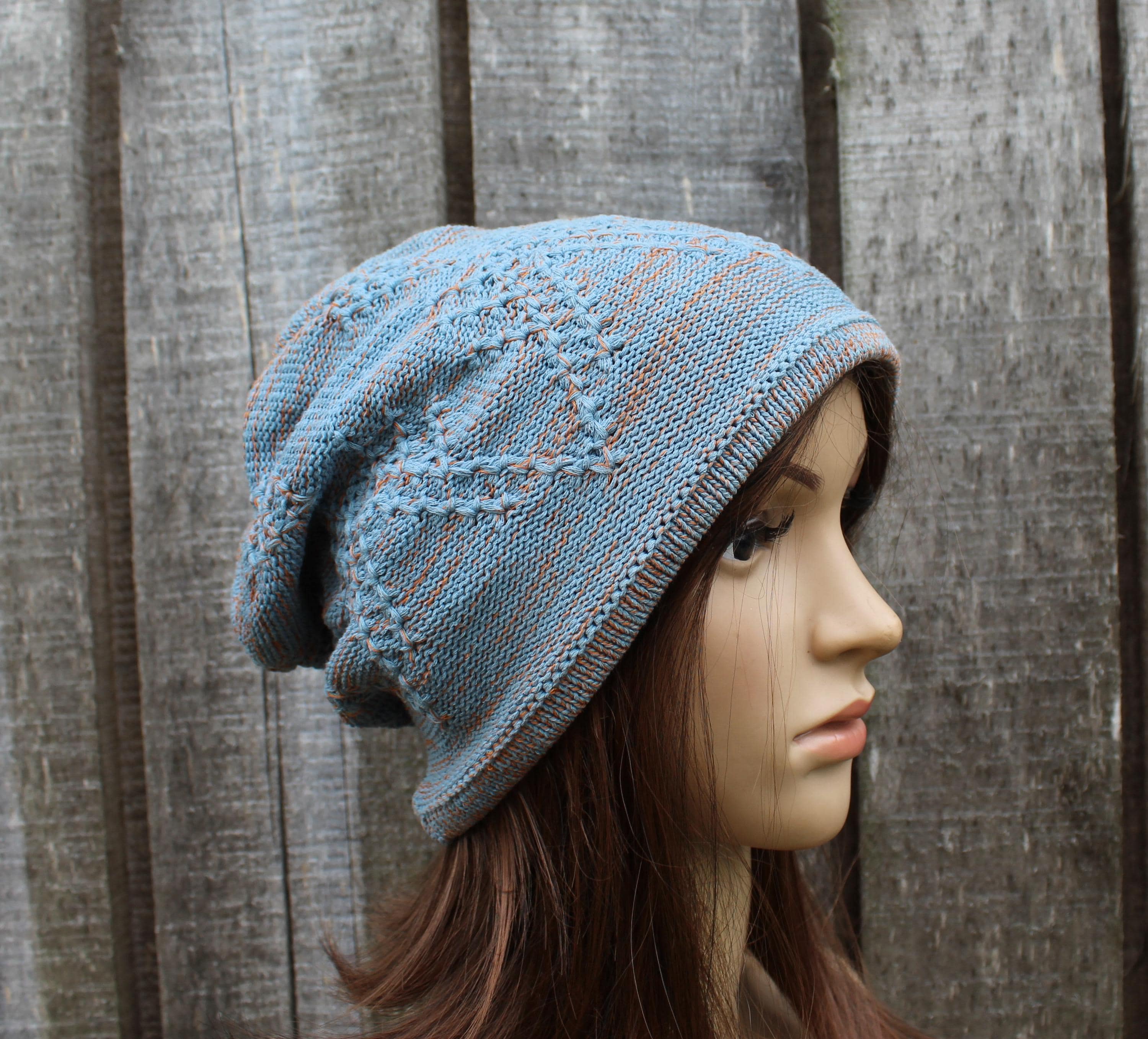 knit colorful light blue  orange cotton hat, knitted mid season hat, Handmade breathable beanie