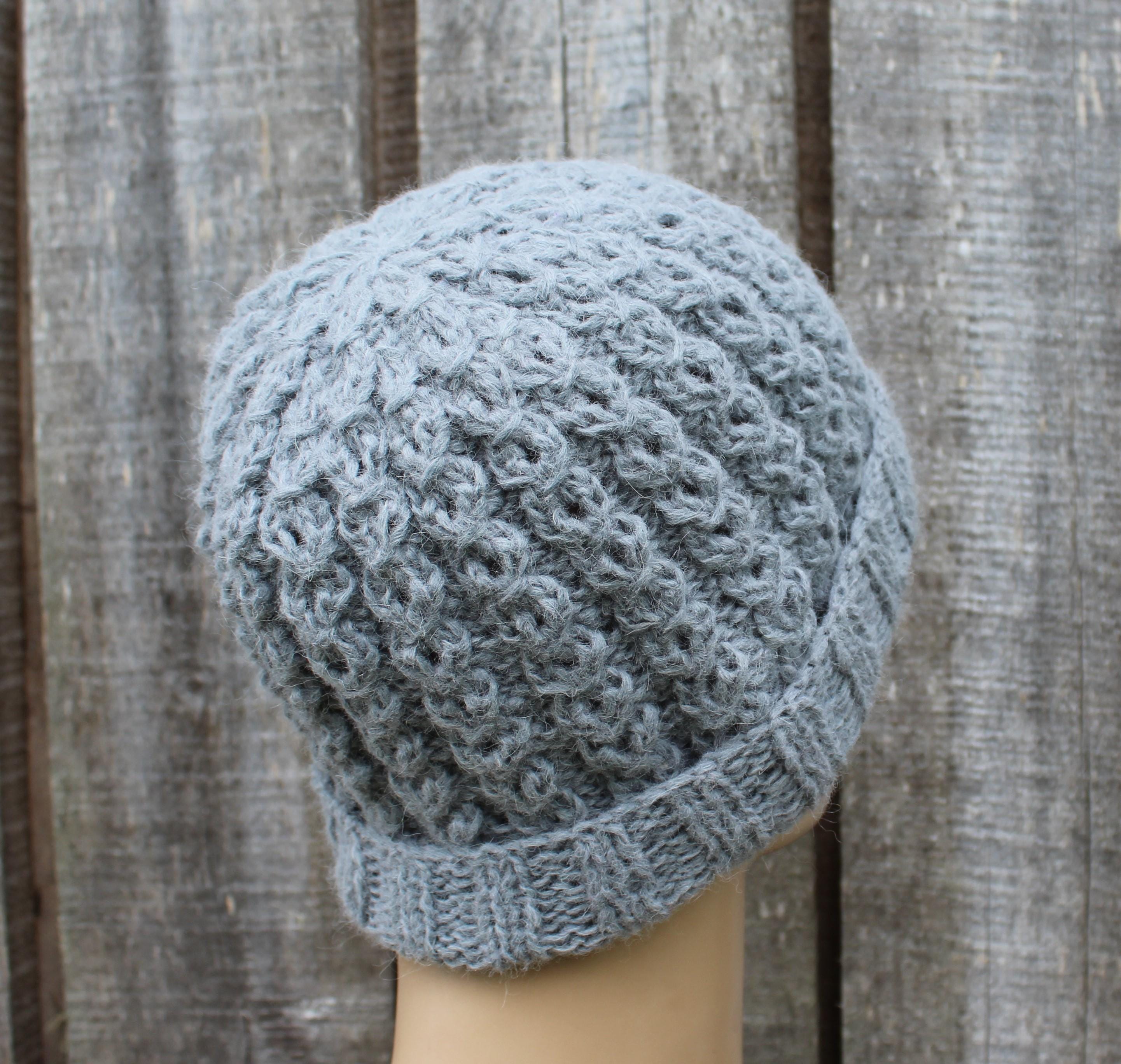 Handknit warm gray alpaca winter hat