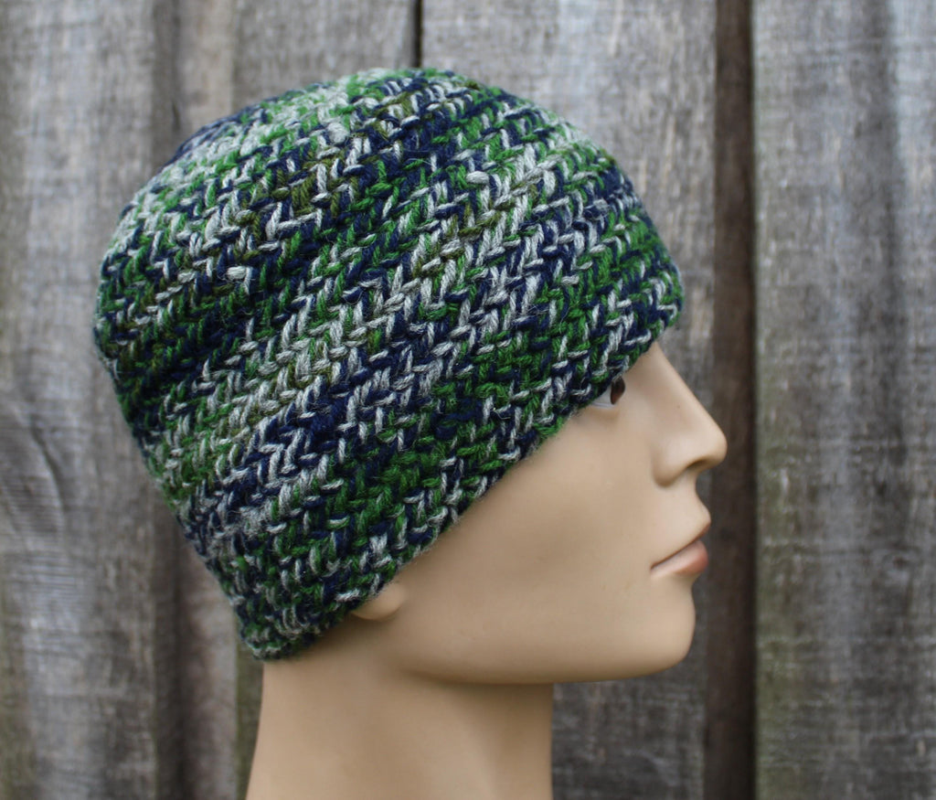 Authentic Naalbinding Wool Beanie | Ancient Viking-Age Technique | Green, Blue & Gra
