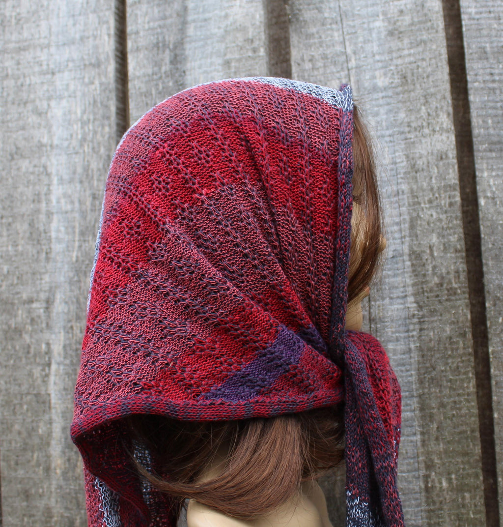Cotton red blue head kerchief,  colorful triangle shawl, knit modern scarf