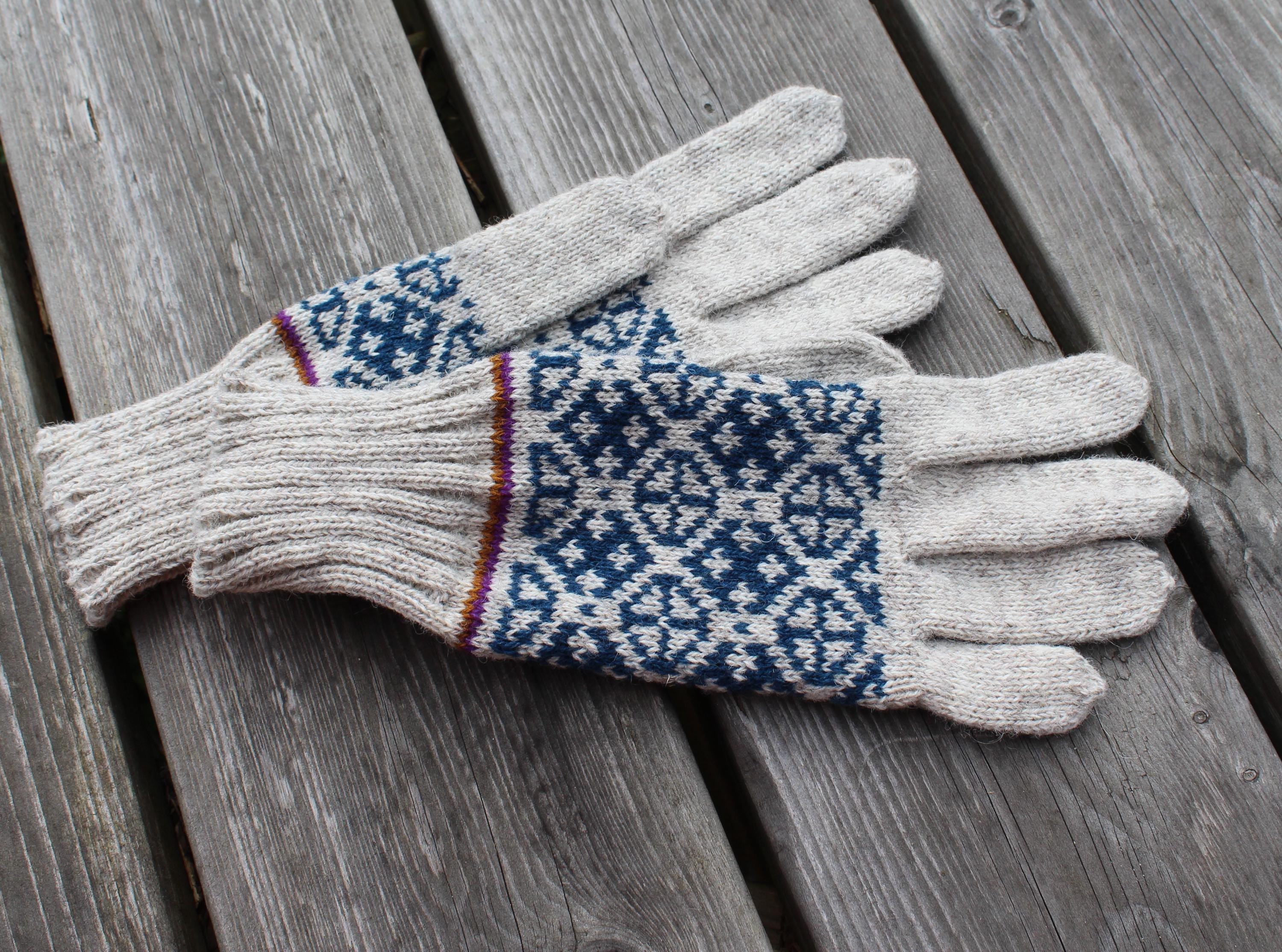 Pair of gloves with a pattern on a wooden surface