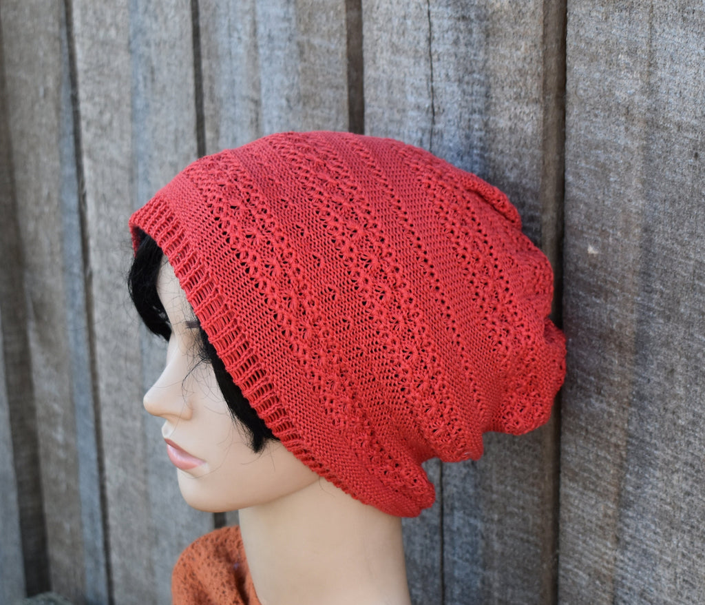 Gestrickte Baumwoll-Sommermütze, dunkelrote Baumwollmütze, Strickmütze