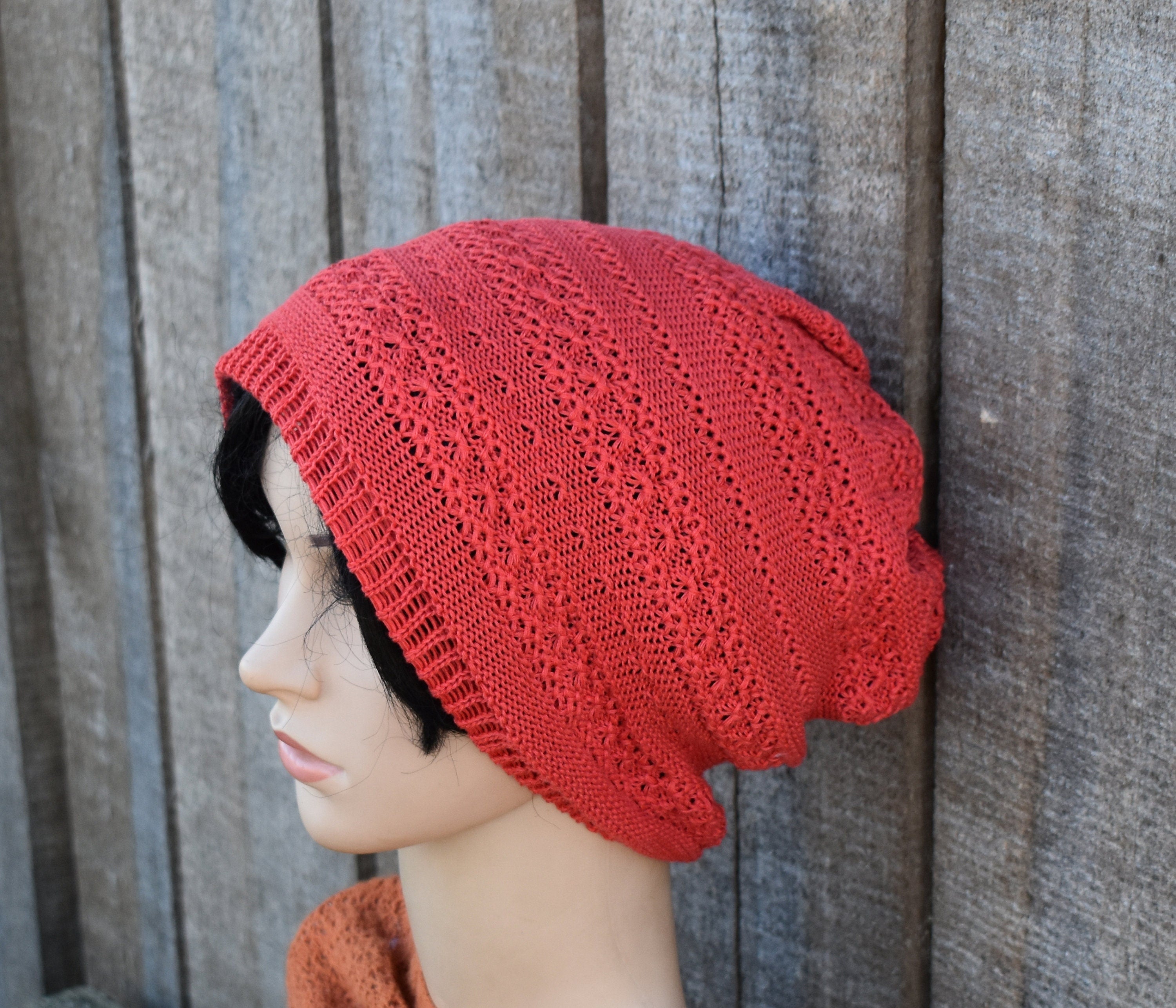 Gestrickte Baumwoll-Sommermütze, dunkelrote Baumwollmütze, Strickmütze