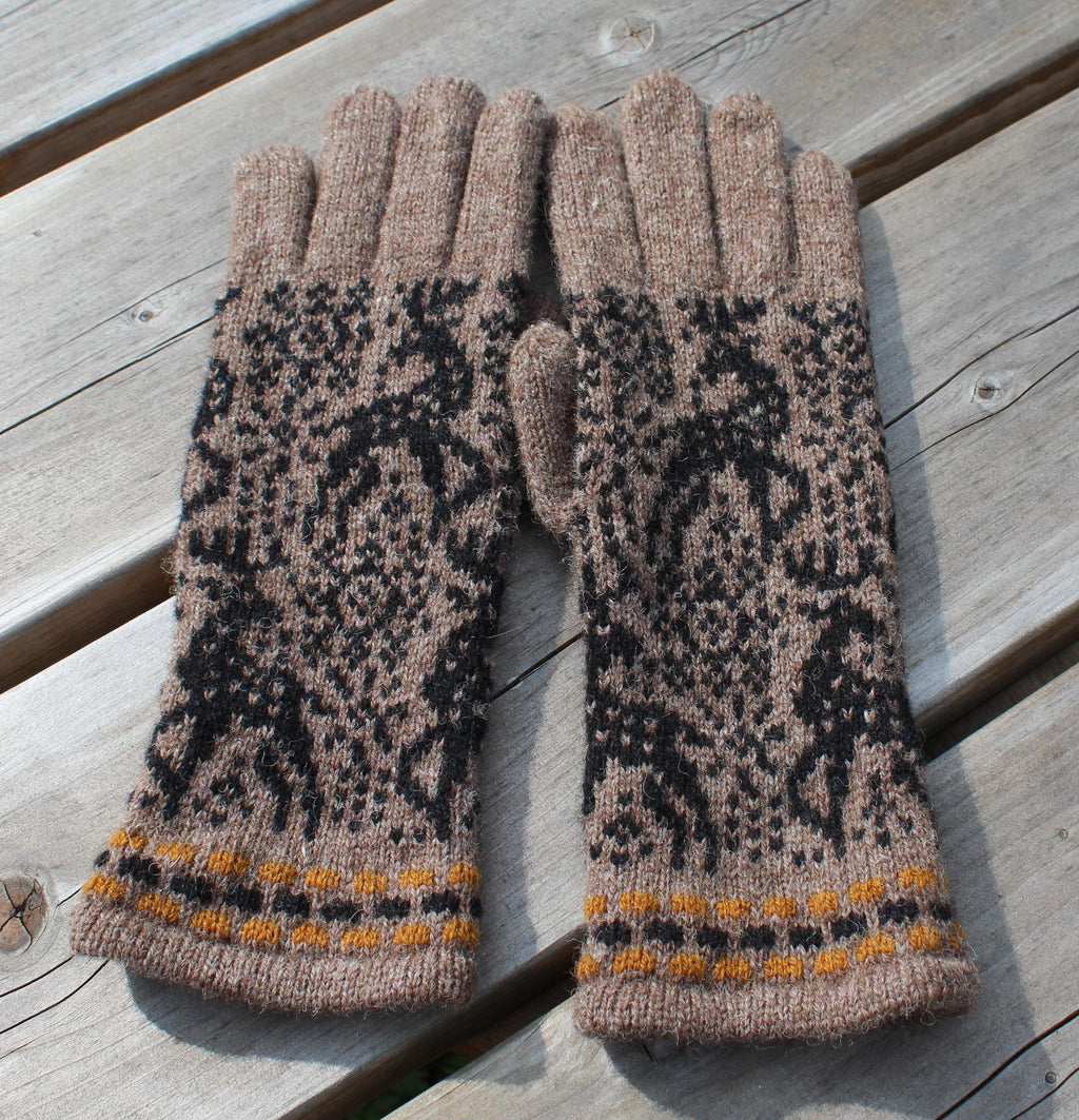 Knitted Wool Gloves: Reindeer Nordic Hand Warmers, Size M