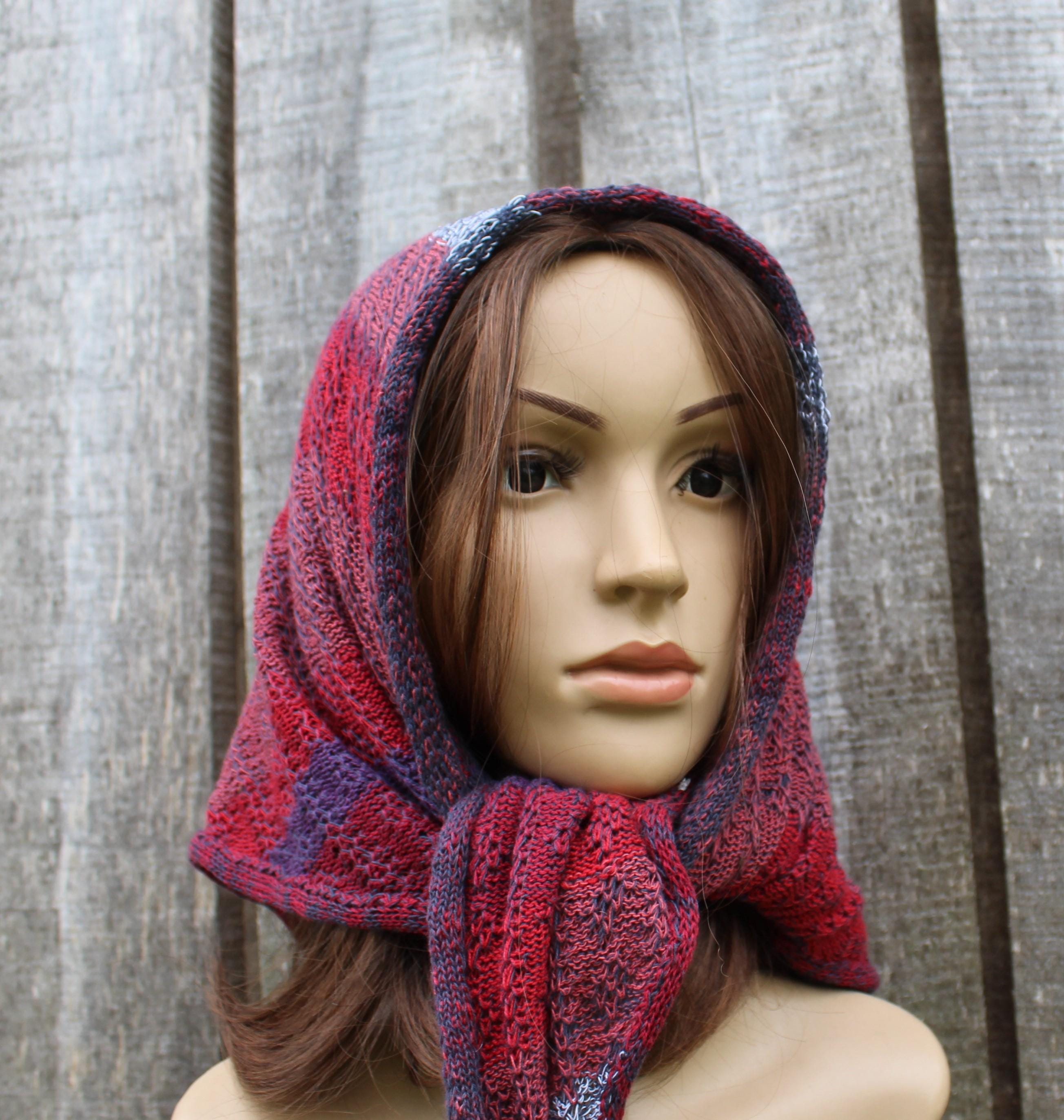 Cotton red blue head kerchief,  colorful triangle shawl, knit modern scarf