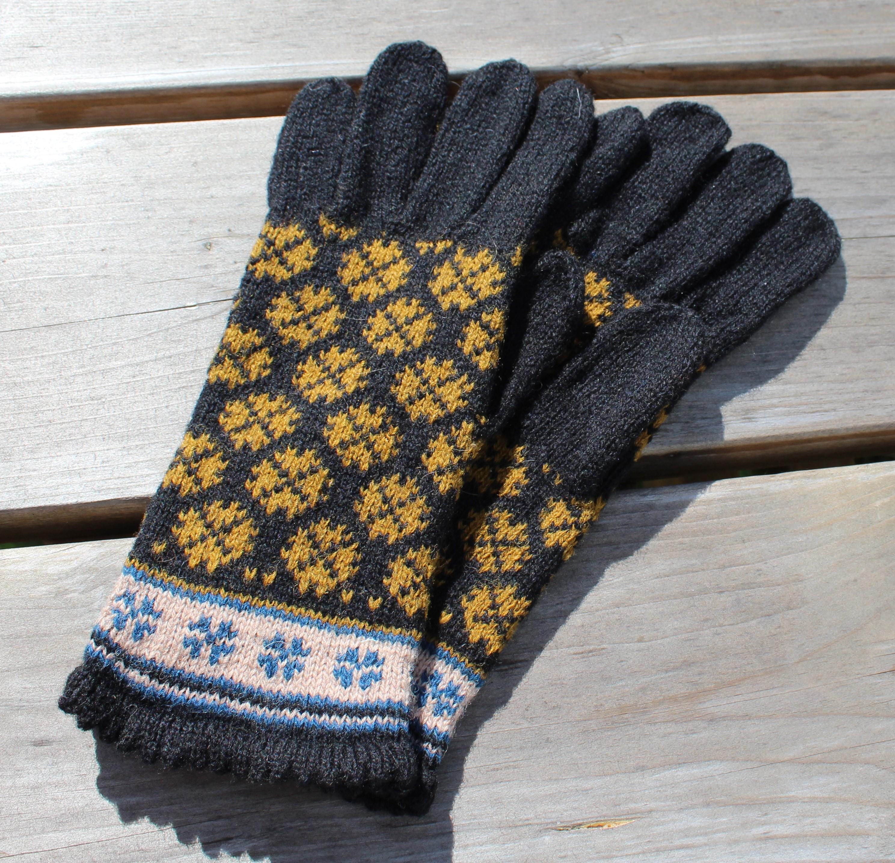Pair of dark gray gloves with a geometric pattern on a wooden surface