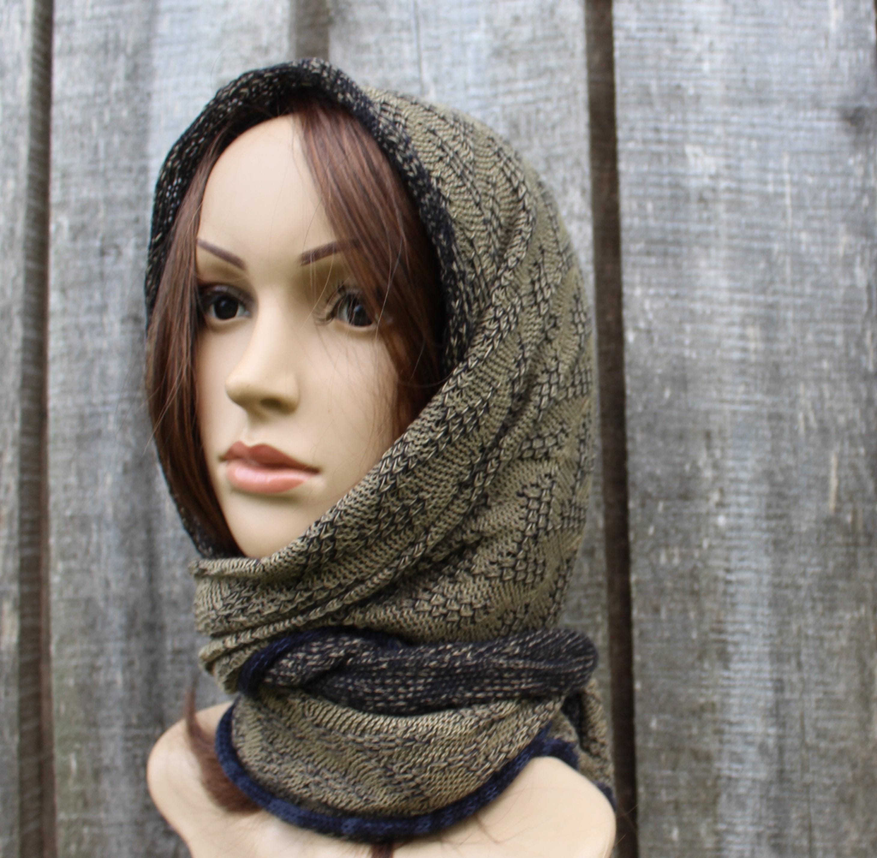 knitted head kerchief, cotton khaki blue head wrap, colorful triangle shawl
