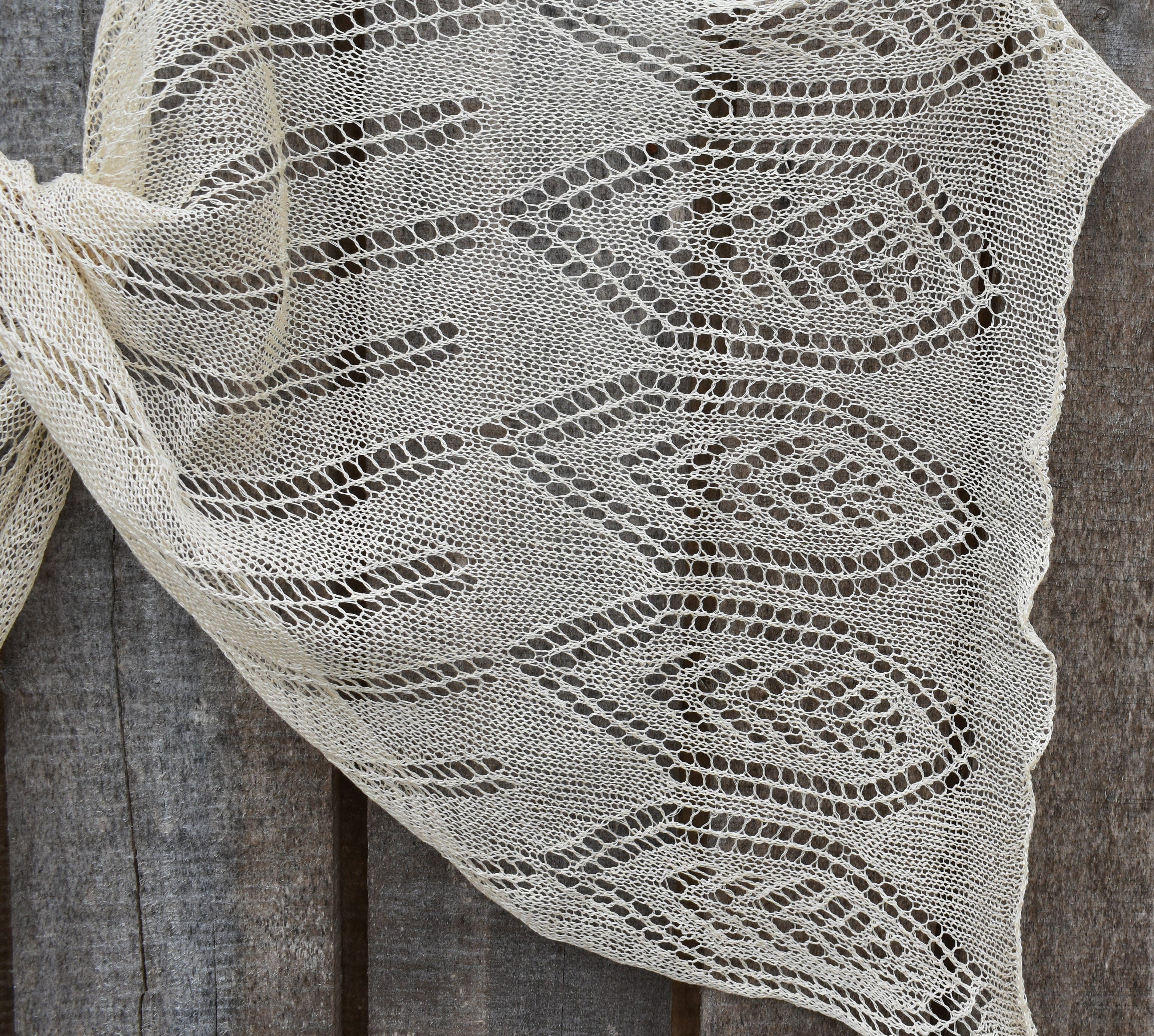 Beige Knit Lace Linen Scarf: Fishnet Flax Shawl