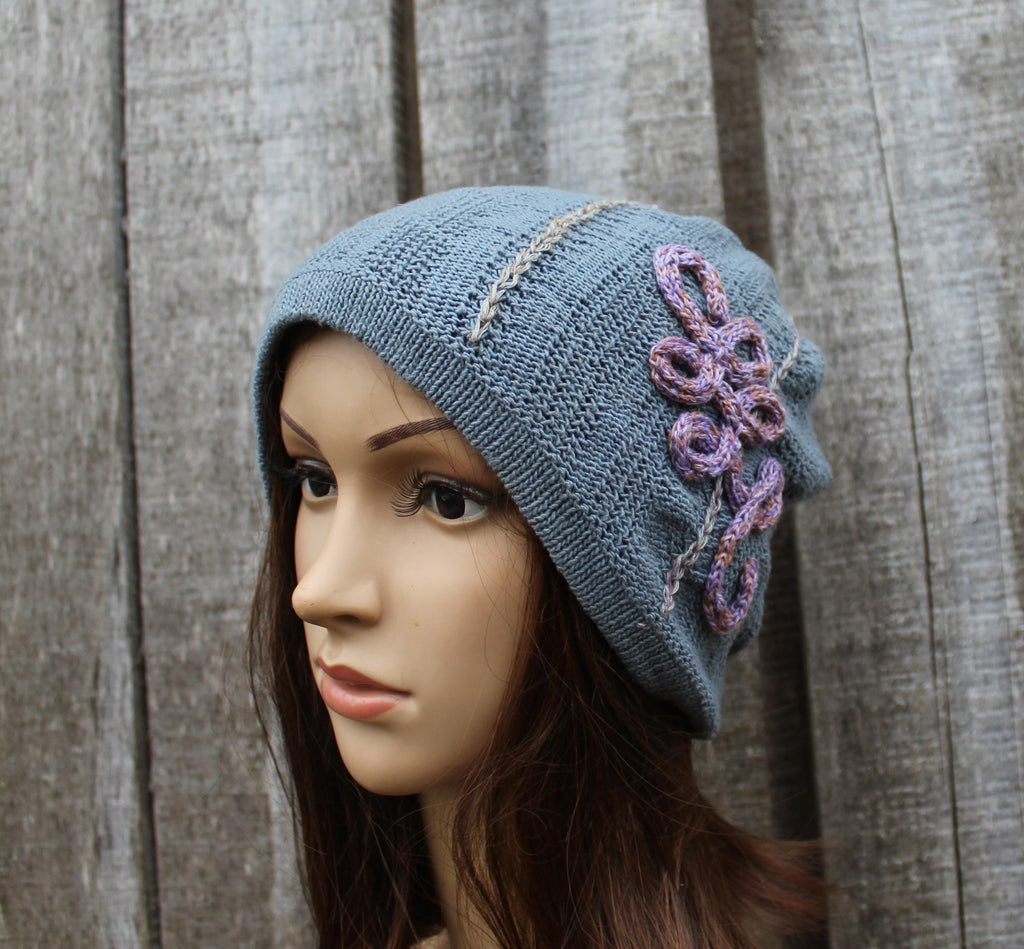 Gray Embroidered   Cotton Hat. knitted beanie